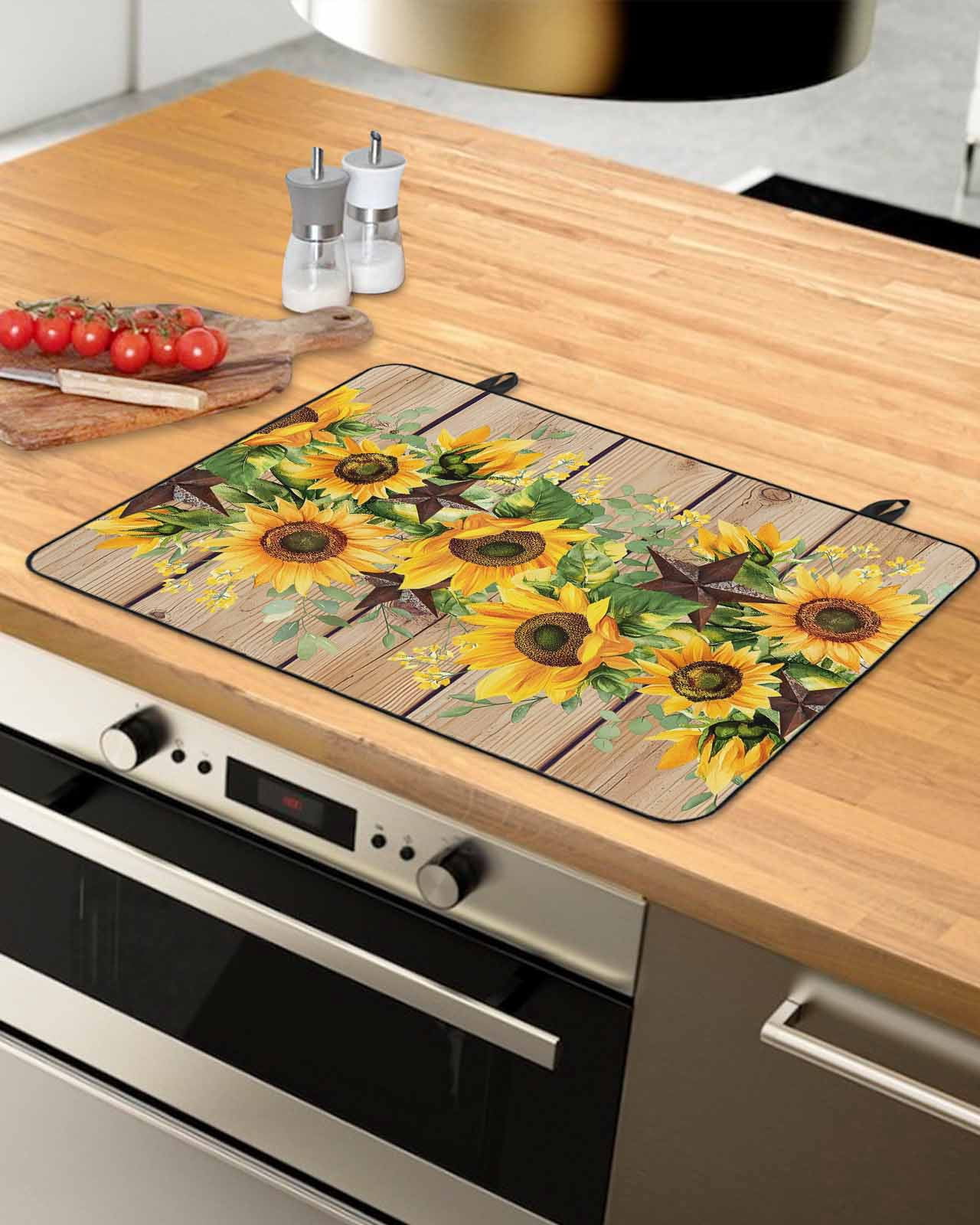 nqOlkjepod Large Induction Cooktop Protector Mat 24"x21", Brown Sunflower Stove Top Covers for Electric Stove, Rustic Country Star Spring Summer Wooden Stove Burner Cover Mats, Glass Top Stove Cover