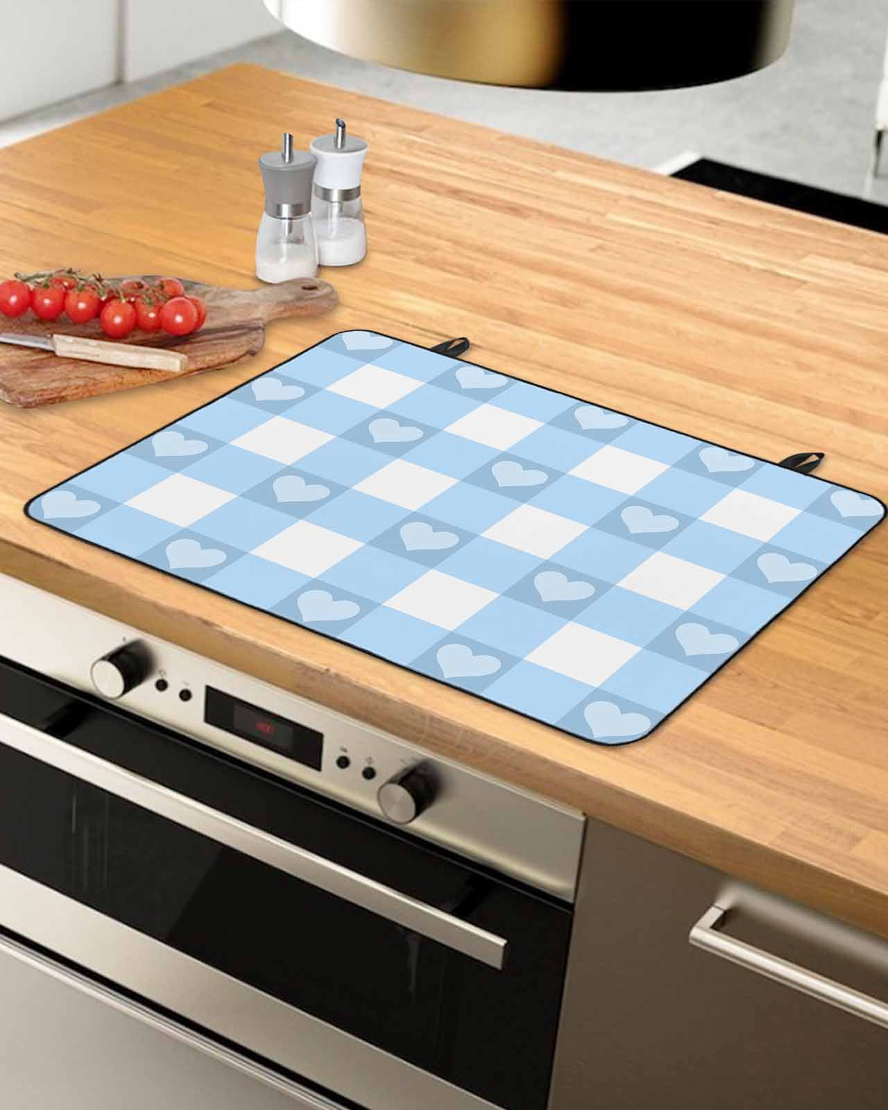 nqOlkjepod Large Induction Cooktop Protector Mat 24"x21", Buffalo Blue Striped Stove Top Covers for Electric Stove, Love Heart Checkered Decorative Stove Burner Cover Mats, Glass Top Stove Cover