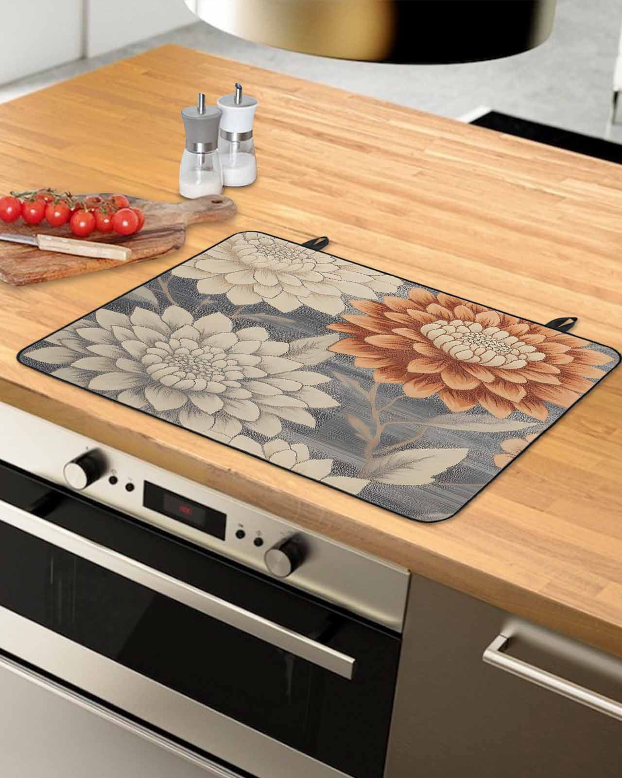 nqOlkjepod Large Induction Cooktop Protector Mat 24"x21", Burnt Orange Grey Flower Stove Top Covers for Electric Stove, Botanical Spring Floral Stove Burner Cover Mats, Glass Top Stove Cover
