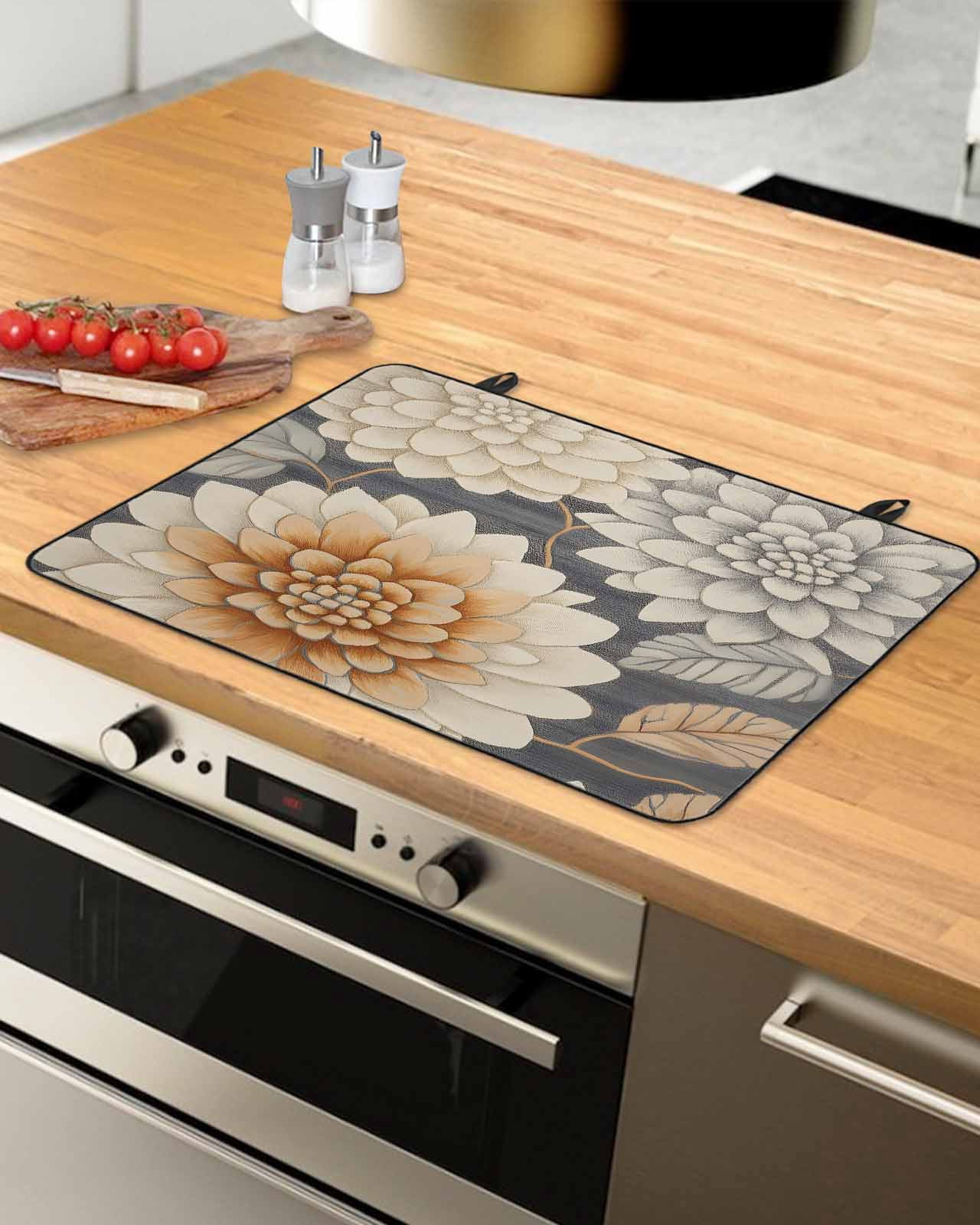 nqOlkjepod Large Induction Cooktop Protector Mat 24"x21", Burnt Orange Grey Flower Stove Top Covers for Electric Stove, Spring Floral Botanical Stove Burner Cover Mats, Glass Top Stove Cover