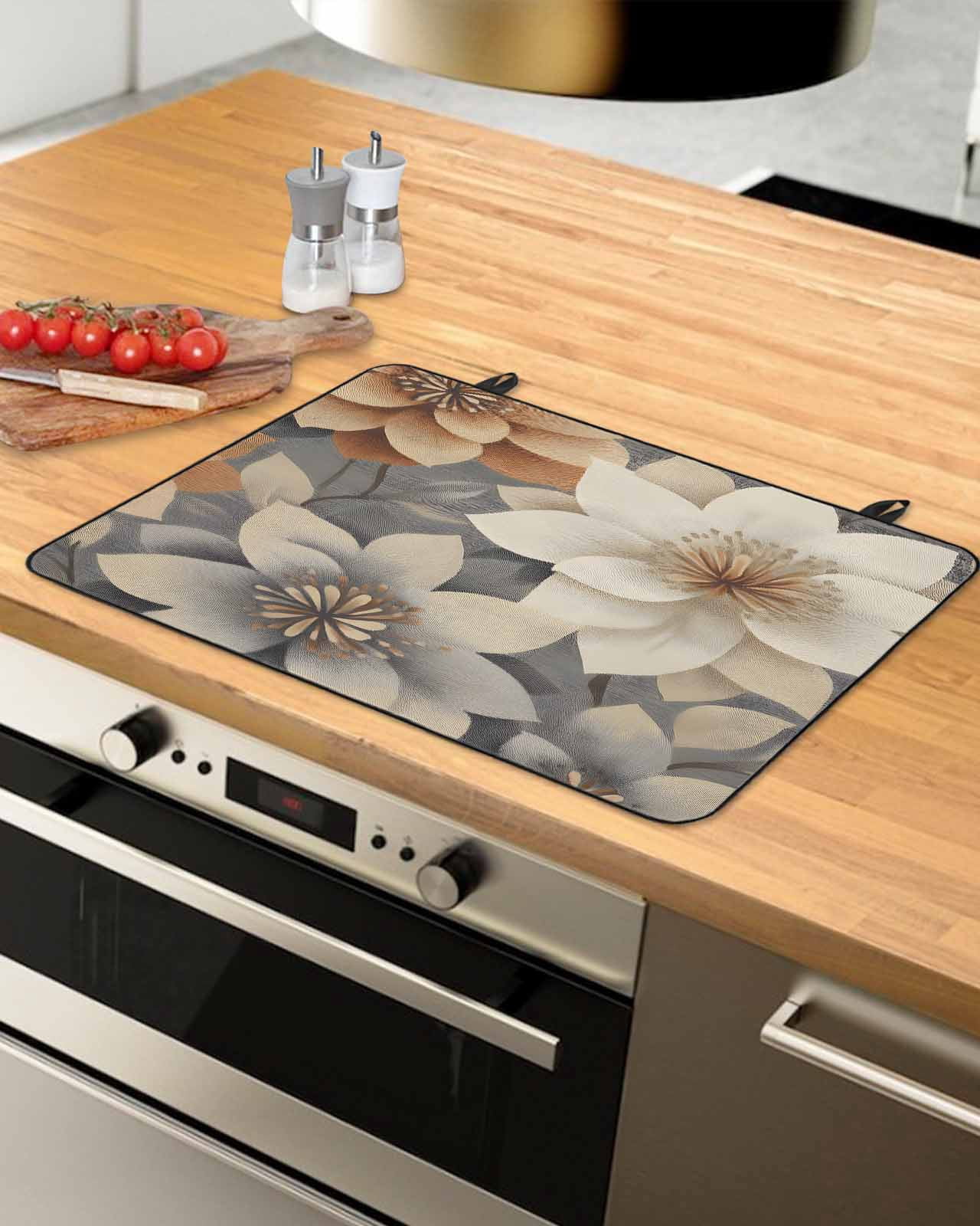 nqOlkjepod Large Induction Cooktop Protector Mat 24"x21", Burnt Orange Grey Flower Stove Top Covers for Electric Stove, Vintage Spring Floral Botanical Stove Burner Cover Mats, Glass Top Stove Cover