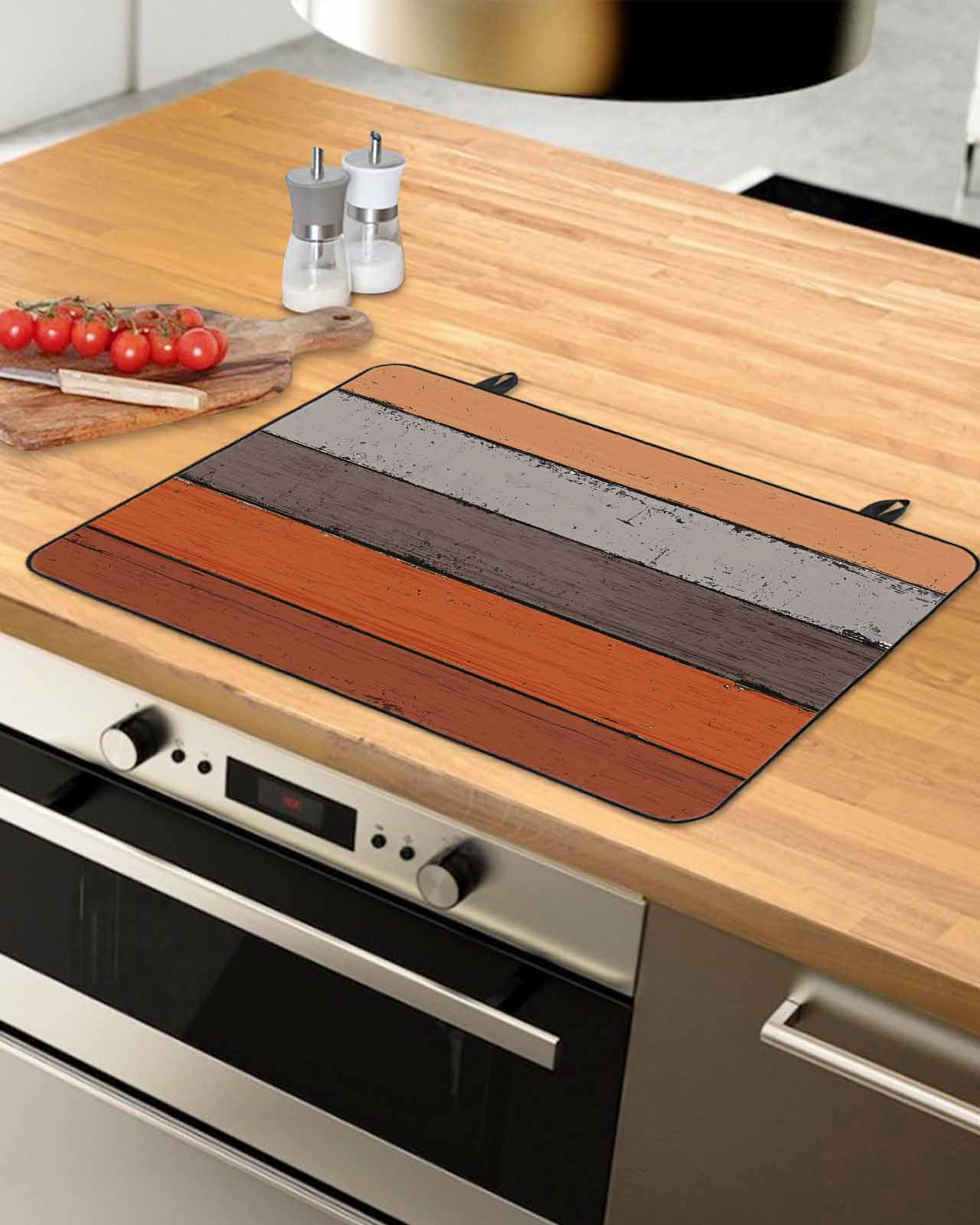 nqOlkjepod Large Induction Cooktop Protector Mat 24"x21", Burnt Orange Grey Stove Top Covers for Electric Stove, Vintage Stripe Farmhouse Wood Grain Stove Burner Cover Mats, Glass Top Stove Cover