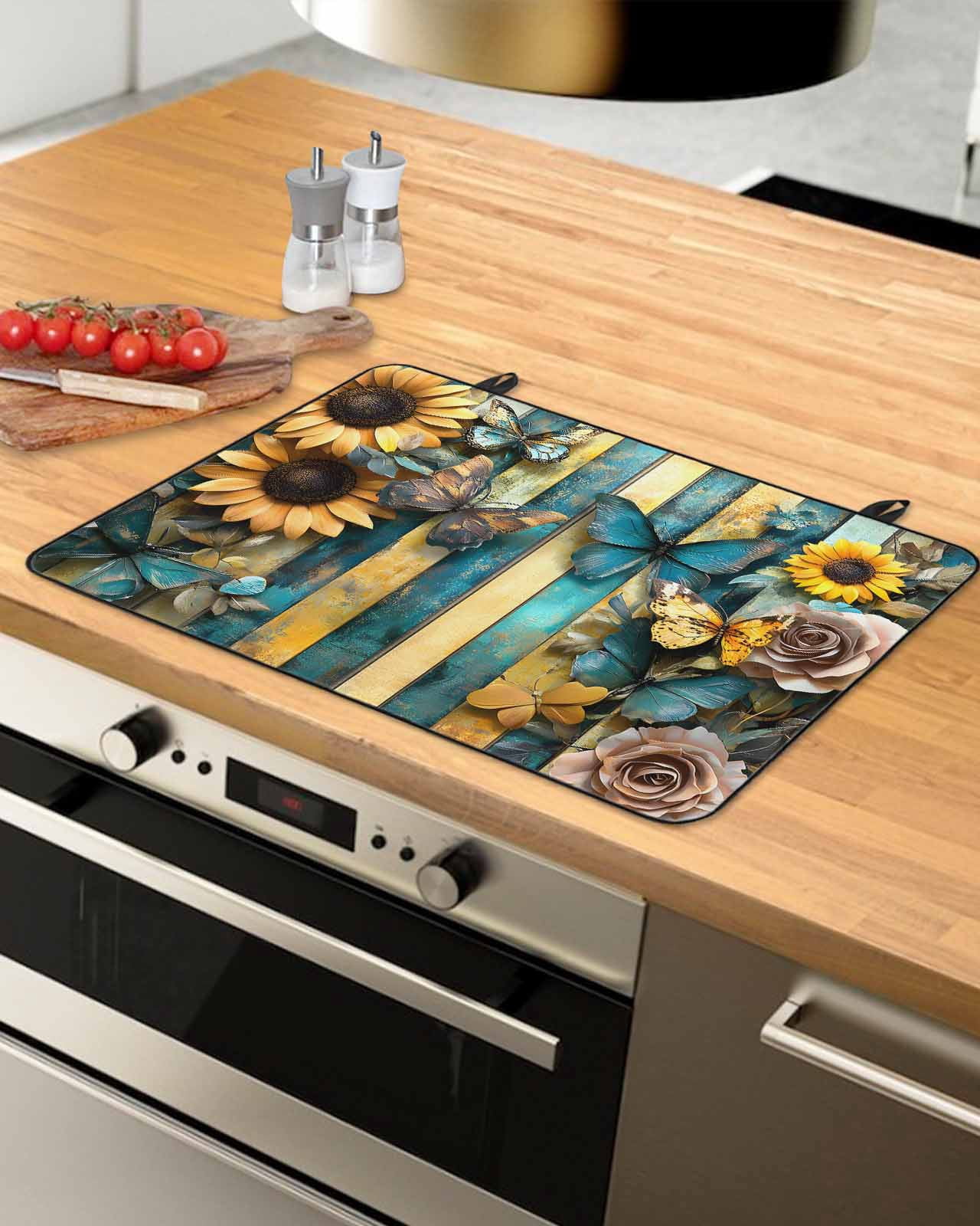 nqOlkjepod Large Induction Cooktop Protector Mat 24"x21", Butterfly Flower Stove Top Covers for Electric Stove, Yellow Teal Vertical Striped Vintage Stove Burner Cover Mats, Glass Top Stove Cover