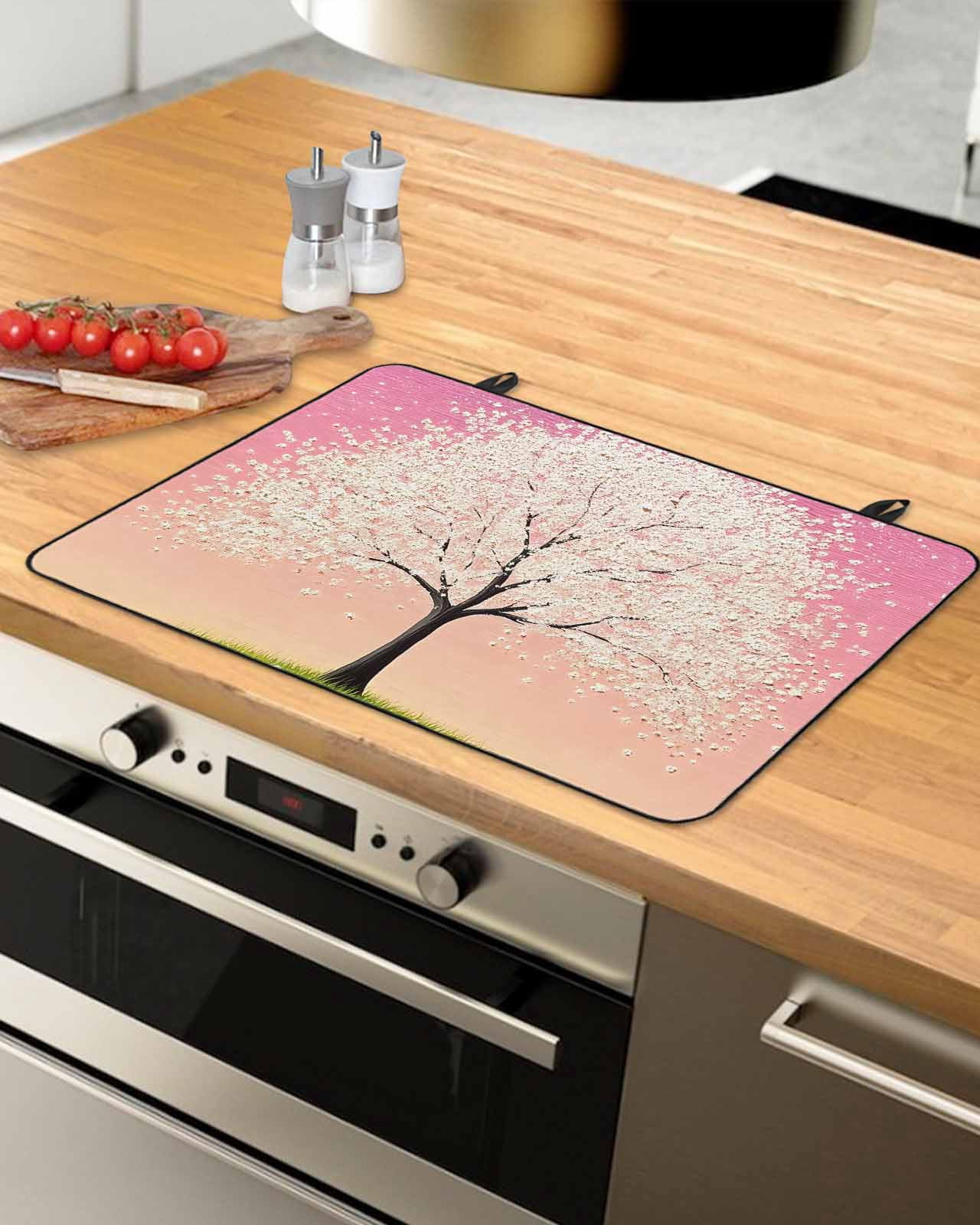 nqOlkjepod Large Induction Cooktop Protector Mat 24"x21", Cherry Blossom Stove Top Covers for Electric Stove, Leaves Pink Sky Retro Watercolor Art Stove Burner Cover Mats, Glass Top Stove Cover