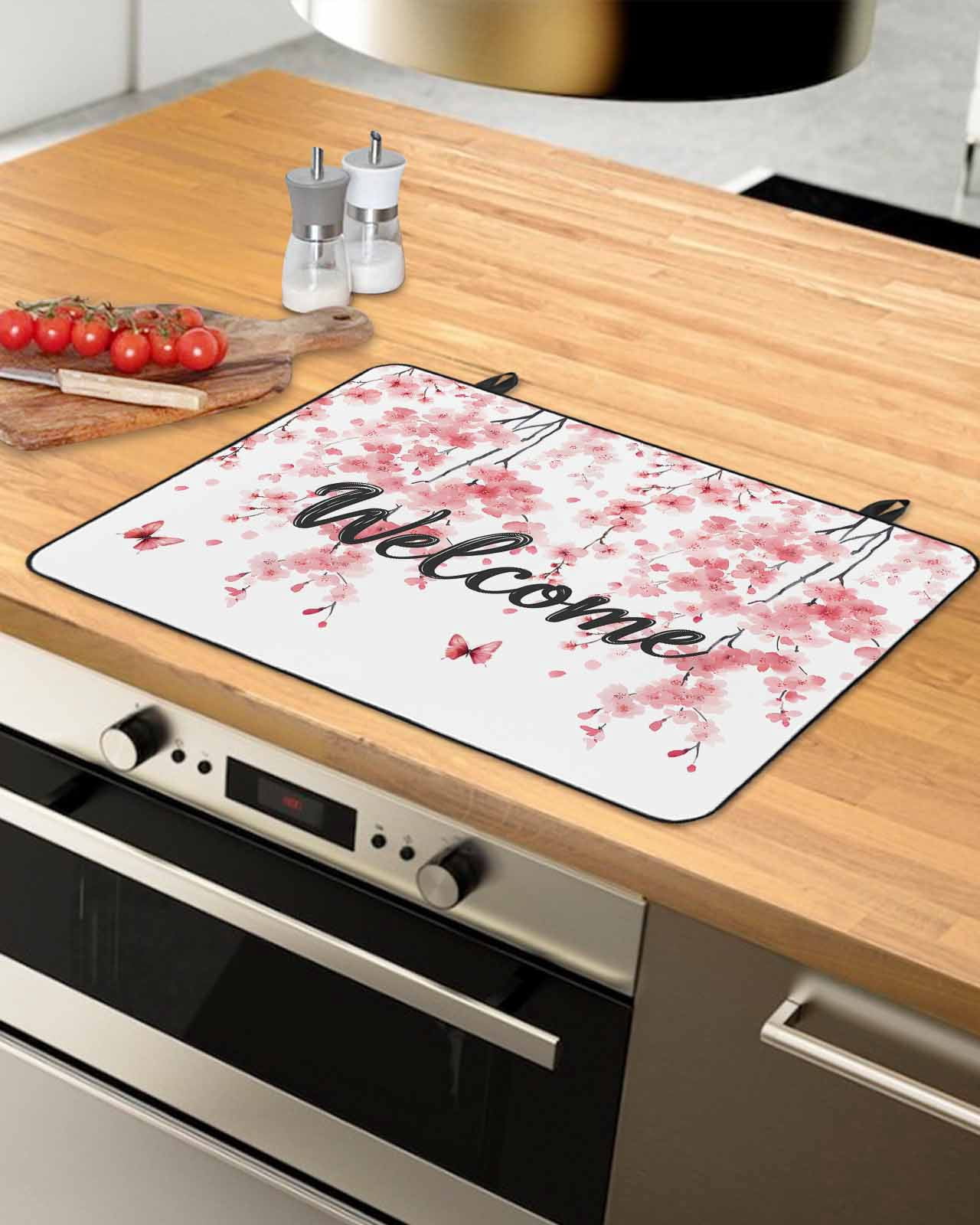 nqOlkjepod Large Induction Cooktop Protector Mat 24"x21", Cherry Blossoms Stove Top Covers for Electric Stove, Butterfly Pink Flower Pastoral Spring Stove Burner Cover Mats, Glass Top Stove Cover