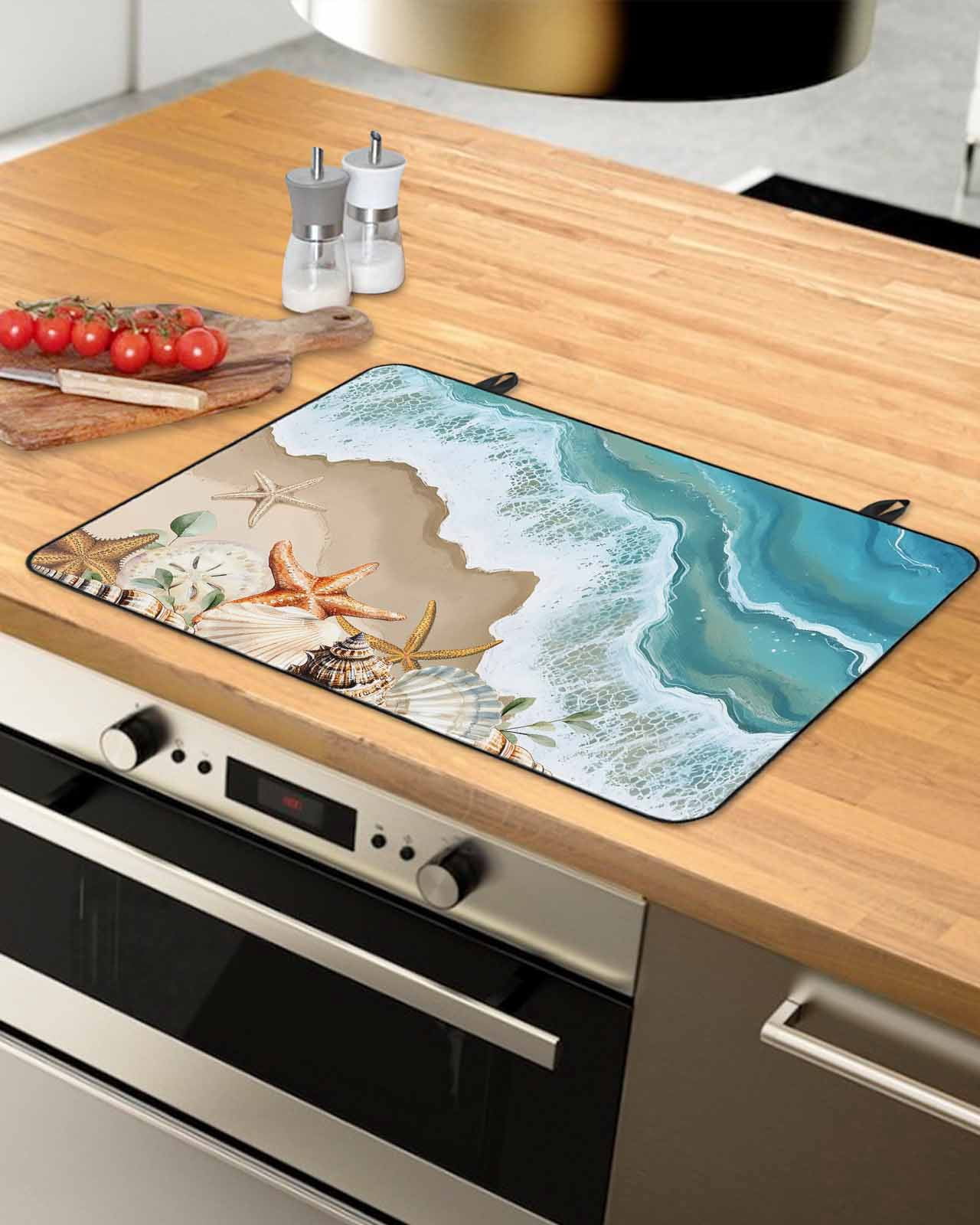 nqOlkjepod Large Induction Cooktop Protector Mat 24"x21", Coastal Beach Ocean Stove Top Covers for Electric Stove, Nautical Starfish Shells Conch Stove Burner Cover Mats, Glass Top Stove Cover