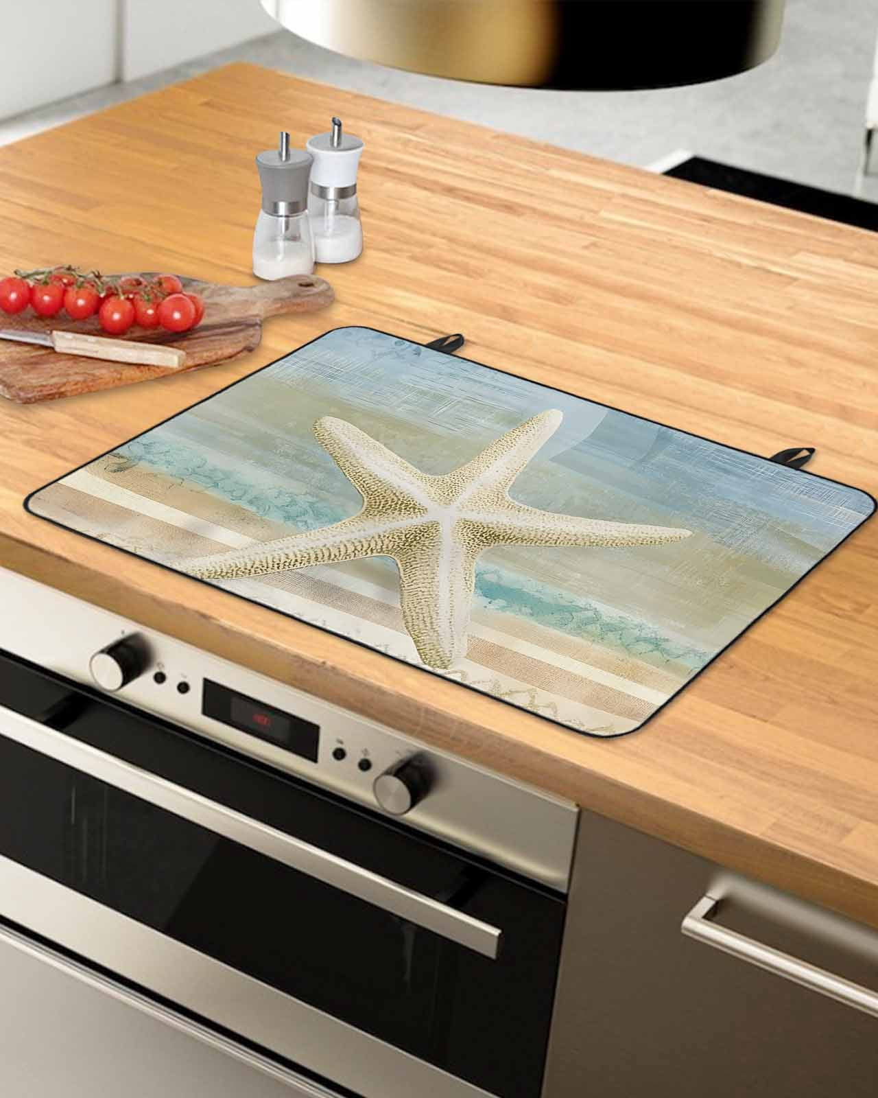 nqOlkjepod Large Induction Cooktop Protector Mat 24"x21", Coastal Beach Starfish Stove Top Covers for Electric Stove, Vintage Summer Ocean Stripe Stove Burner Cover Mats, Glass Top Stove Cover