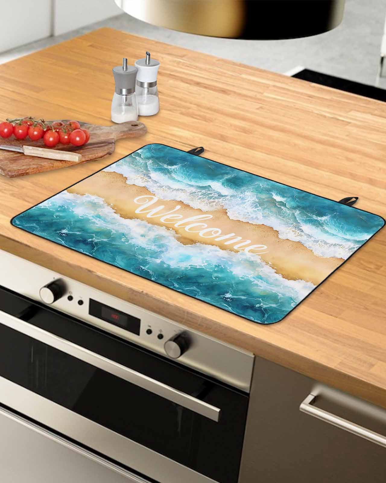nqOlkjepod Large Induction Cooktop Protector Mat 24"x21", Coastal Beach Stove Top Covers for Electric Stove, Modern Text Summer Ocean Wave Decorative Stove Burner Cover Mats, Glass Top Stove Cover