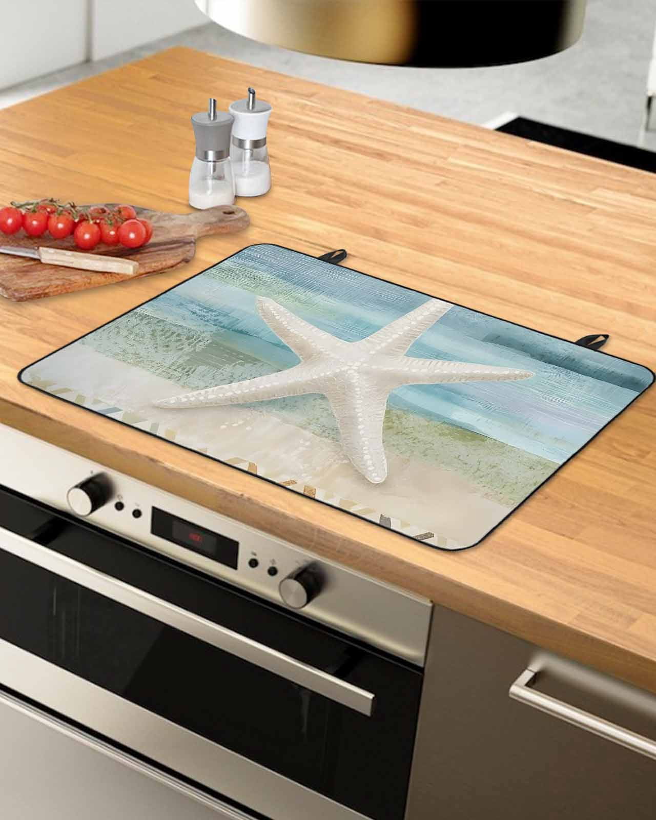 nqOlkjepod Large Induction Cooktop Protector Mat 24"x21", Coastal Beach Stove Top Covers for Electric Stove, Summer Retro Starfish Wave Decorative Stove Burner Cover Mats, Glass Top Stove Cover