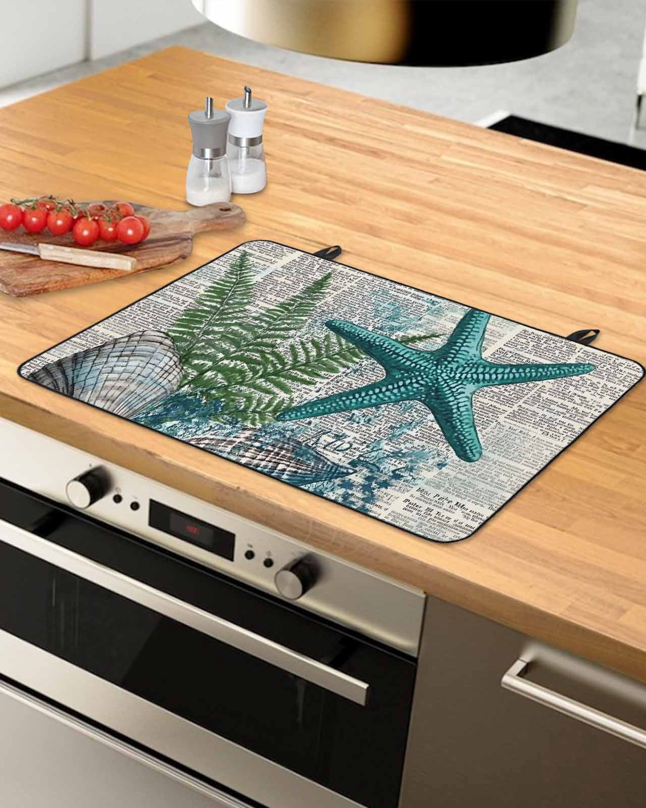 nqOlkjepod Large Induction Cooktop Protector Mat 24"x21", Coastal Beach Stove Top Covers for Electric Stove, Vintage Ocean Starfish Conch Pine Leaf Stove Burner Cover Mats, Glass Top Stove Cover