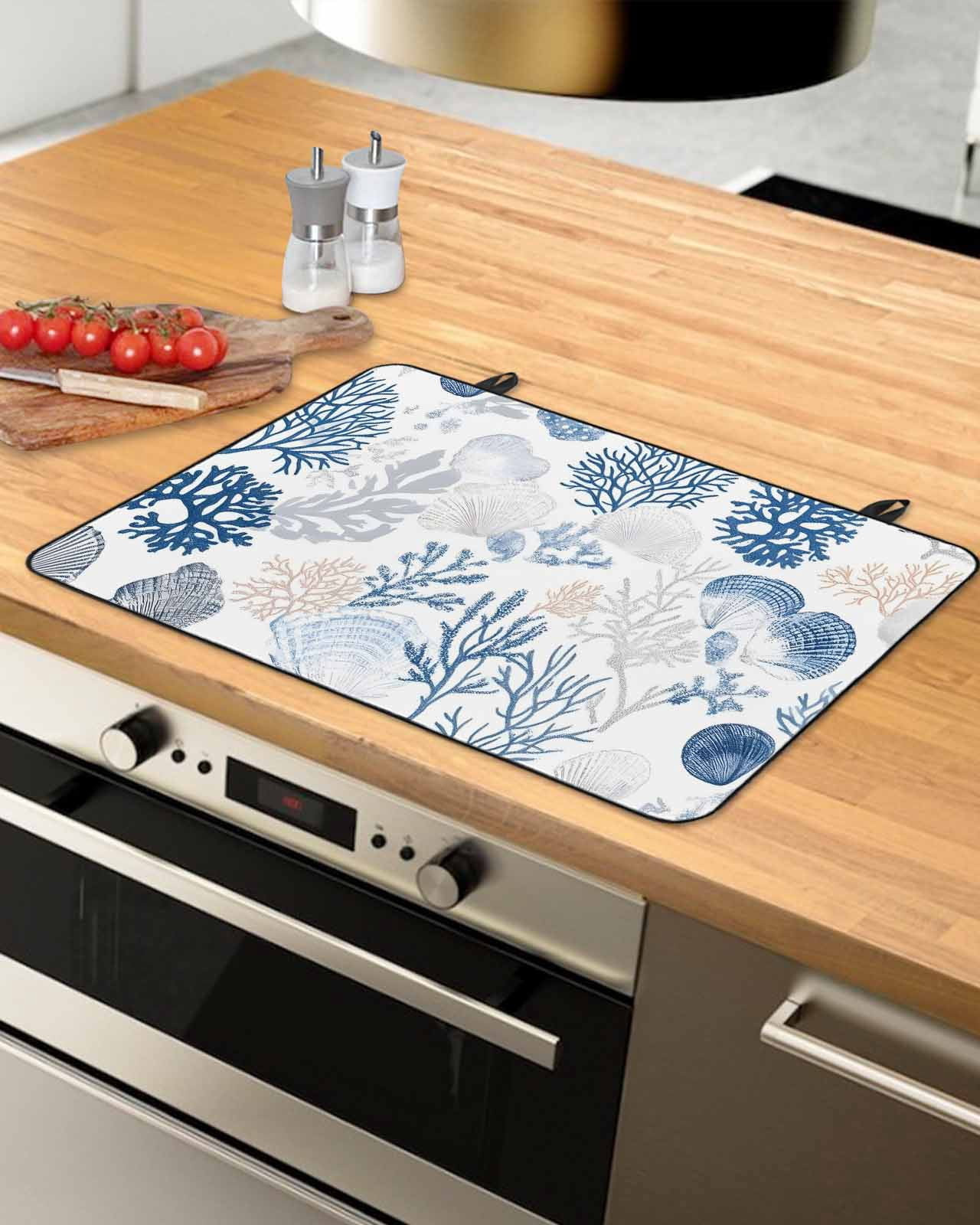 nqOlkjepod Large Induction Cooktop Protector Mat 24"x21", Coastal Blue Coral Stove Top Covers for Electric Stove, Summer Watercolor Ocean Sea Shell Stove Burner Cover Mats, Glass Top Stove Cover