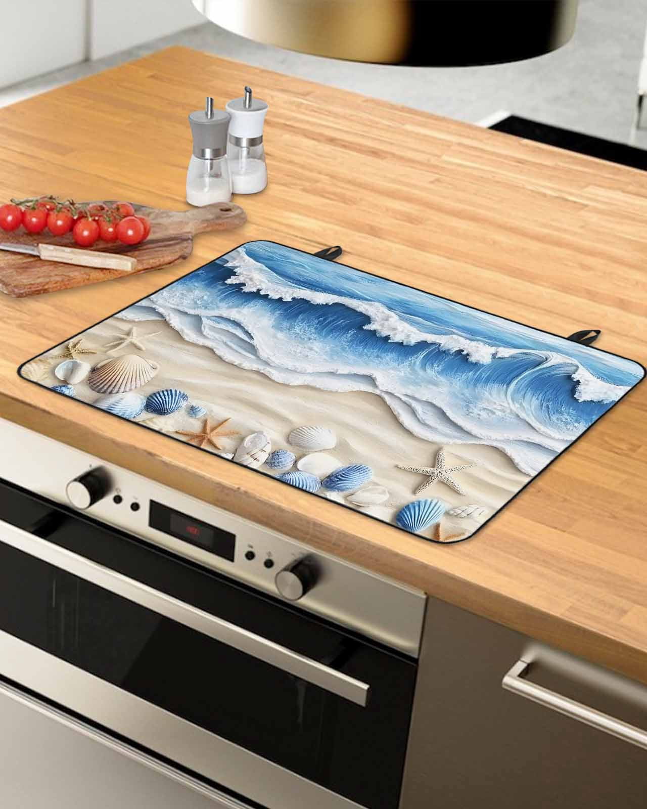 nqOlkjepod Large Induction Cooktop Protector Mat 24"x21", Coastal Blue Stove Top Covers for Electric Stove, Starfish Beach Ocean Shell Sand Painting Stove Burner Cover Mats, Glass Top Stove Cover