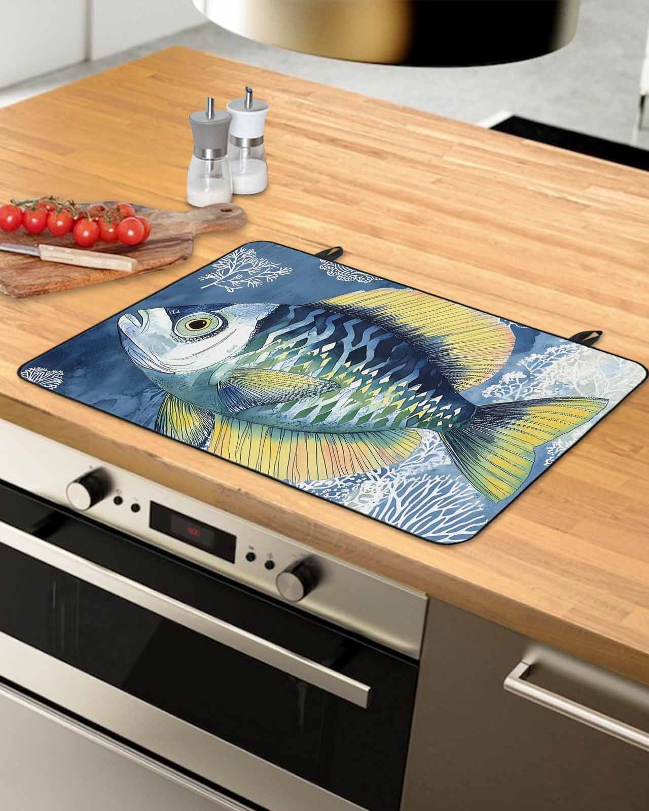nqOlkjepod Large Induction Cooktop Protector Mat 24"x21", Coastal Blue Yellow Fish Stove Top Covers for Electric Stove, Summer Ocean Coral Plant Stove Burner Cover Mats, Glass Top Stove Cover