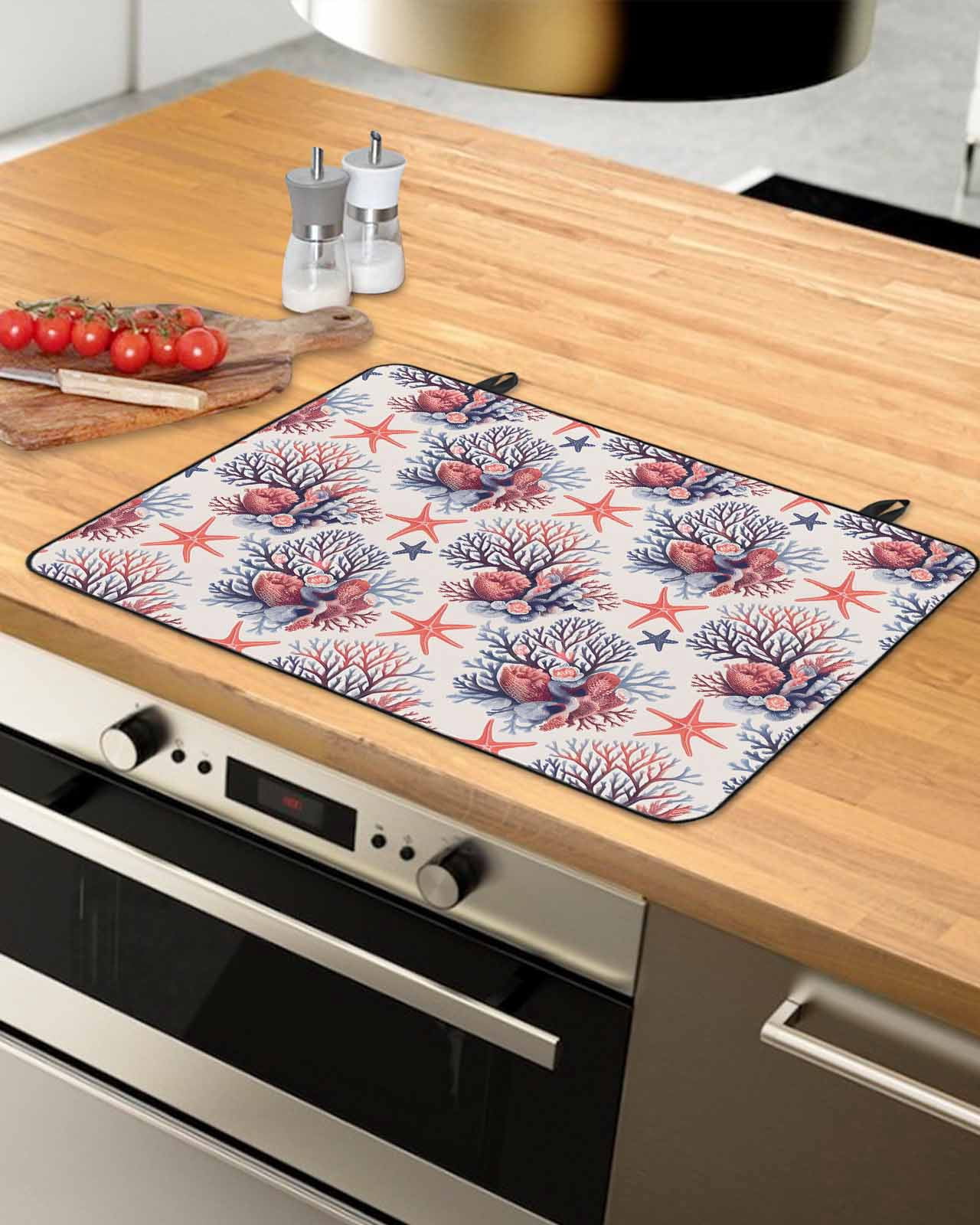 nqOlkjepod Large Induction Cooktop Protector Mat 24"x21", Coastal Coral Stove Top Covers for Electric Stove, Red Starfish Ocean Retro Decorative Stove Burner Cover Mats, Glass Top Stove Cover