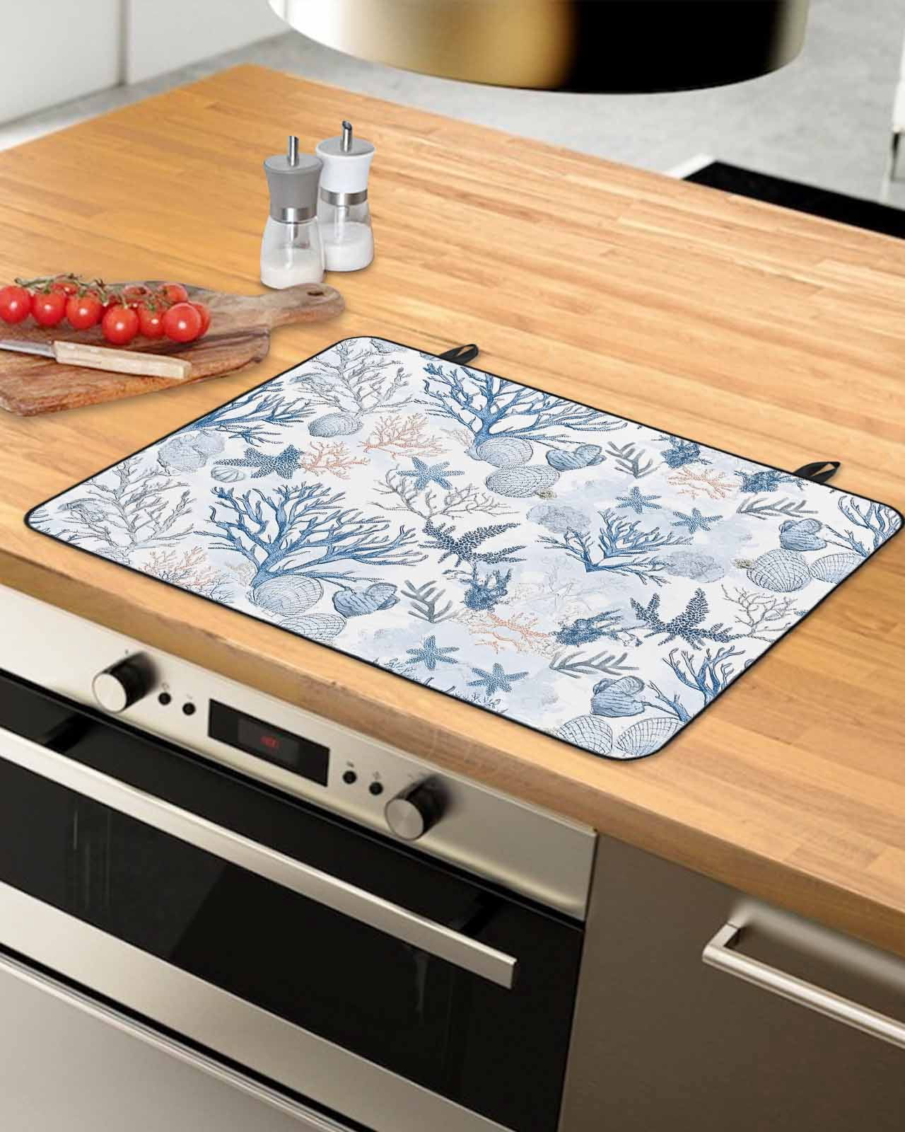 nqOlkjepod Large Induction Cooktop Protector Mat 24"x21", Coastal Coral Stove Top Covers for Electric Stove, Vintage Ocean Blue Starfish Conch Nature Stove Burner Cover Mats, Glass Top Stove Cover