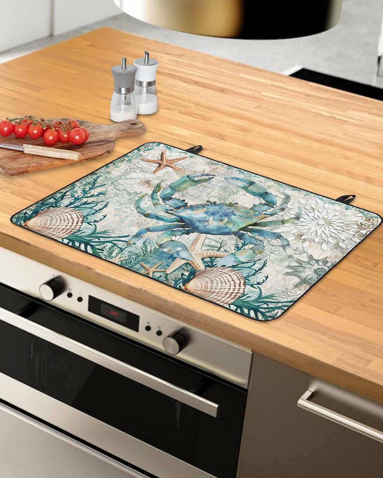 nqOlkjepod Large Induction Cooktop Protector Mat 24"x21", Coastal Crab Stove Top Covers for Electric Stove, Ocean Coral Starfish Nautical Map Stove Burner Cover Mats, Glass Top Stove Cover