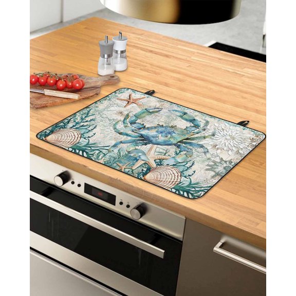 nqOlkjepod Large Induction Cooktop Protector Mat 24"x21", Coastal Crab Stove Top Covers for Electric Stove, Ocean Coral Starfish Nautical Map Stove Burner Cover Mats, Glass Top Stove Cover