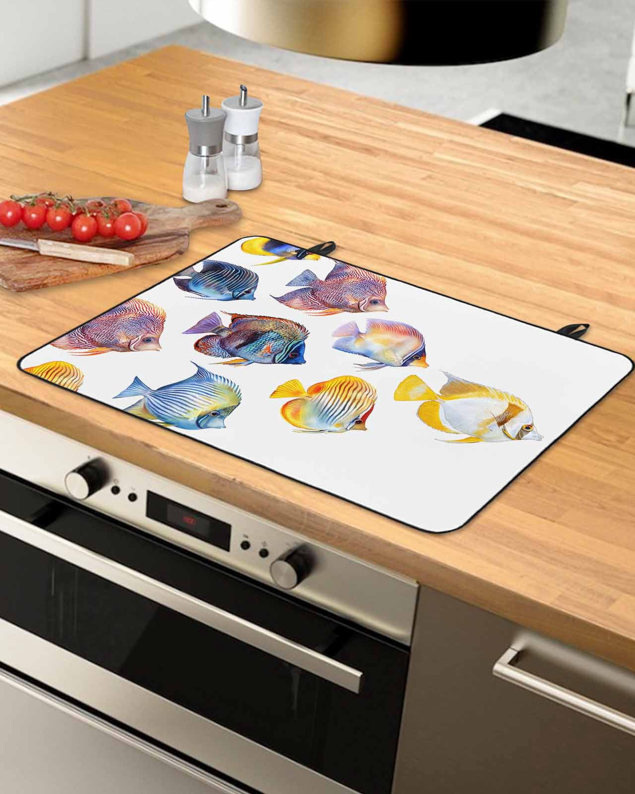 nqOlkjepod Large Induction Cooktop Protector Mat 24"x21", Coastal Fishes Stove Top Covers for Electric Stove, Summer Beach Ocean Life Watercolor Stove Burner Cover Mats, Glass Top Stove Cover
