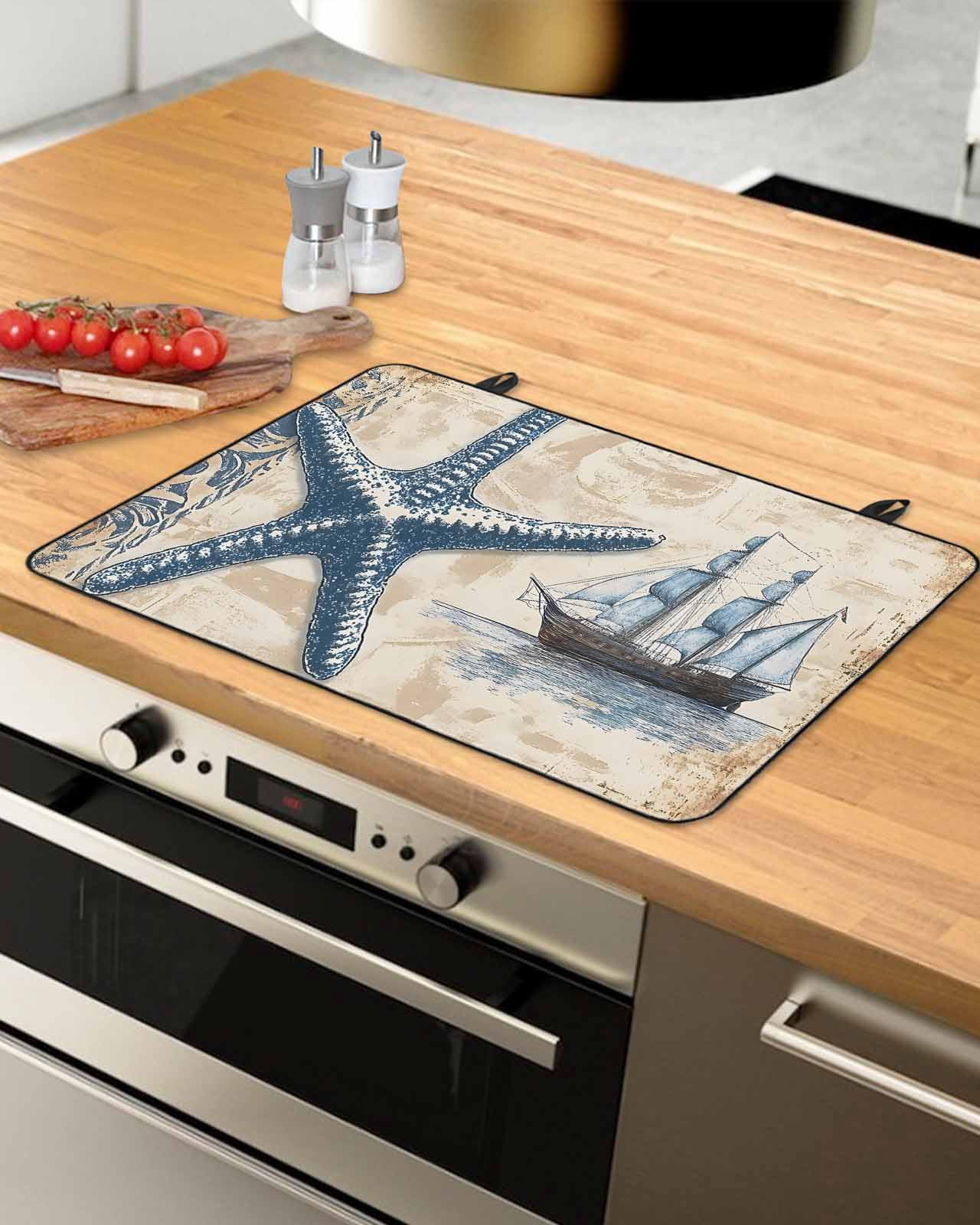 nqOlkjepod Large Induction Cooktop Protector Mat 24"x21", Coastal Nautical Stove Top Covers for Electric Stove, Summer Vintage Starfish Floral Stove Burner Cover Mats, Glass Top Stove Cover