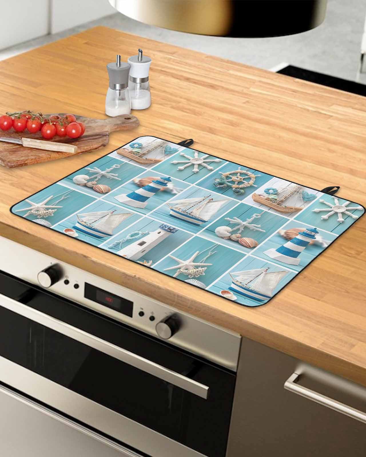 nqOlkjepod Large Induction Cooktop Protector Mat 24"x21", Coastal Ocean Stove Top Covers for Electric Stove, Nautical Lighthouse Blue Wooden Decorative Stove Burner Cover Mats, Glass Top Stove Cover