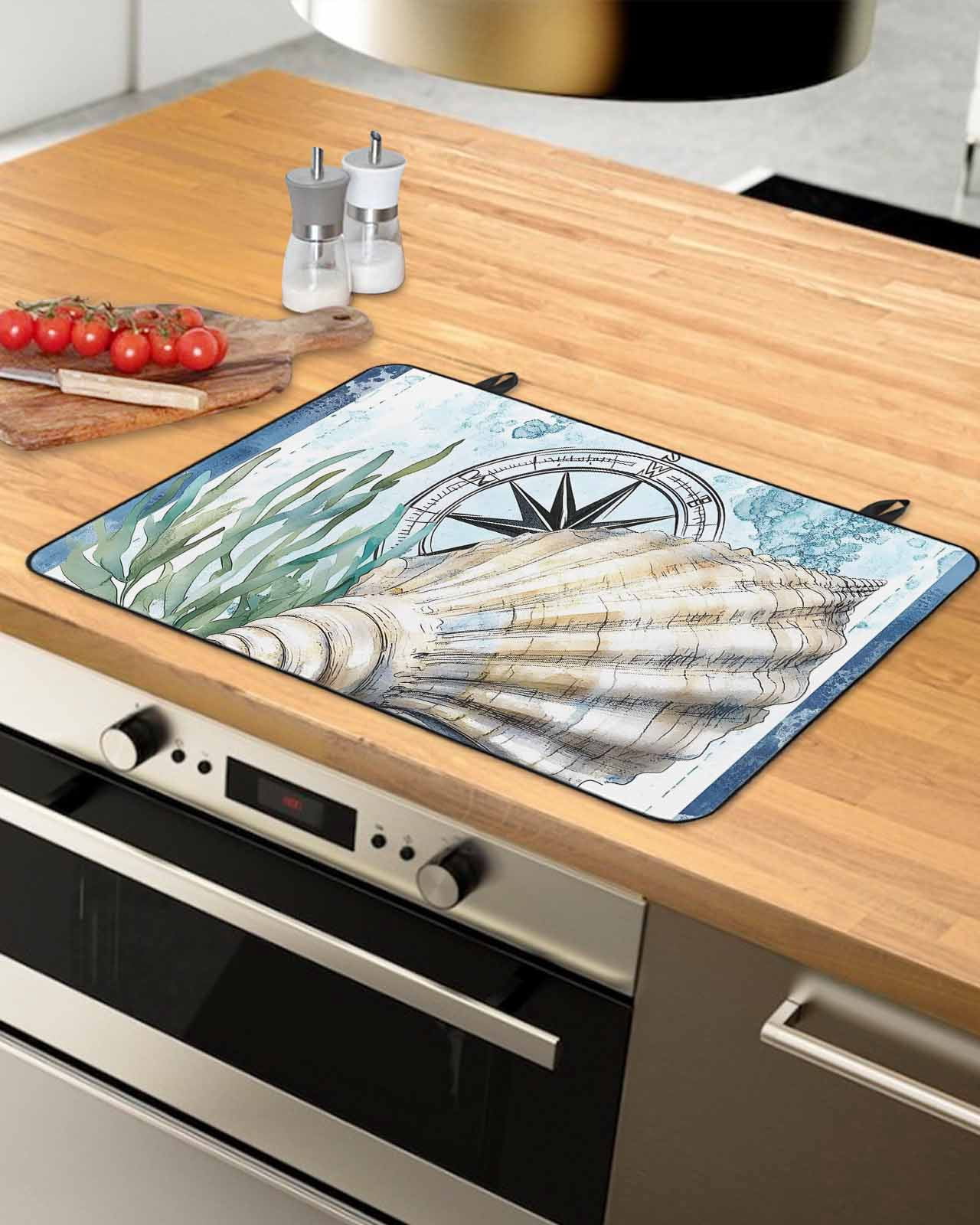 nqOlkjepod Large Induction Cooktop Protector Mat 24"x21", Coastal Ocean Stove Top Covers for Electric Stove, Summer Nautical Compass Shell Seaweed Stove Burner Cover Mats, Glass Top Stove Cover
