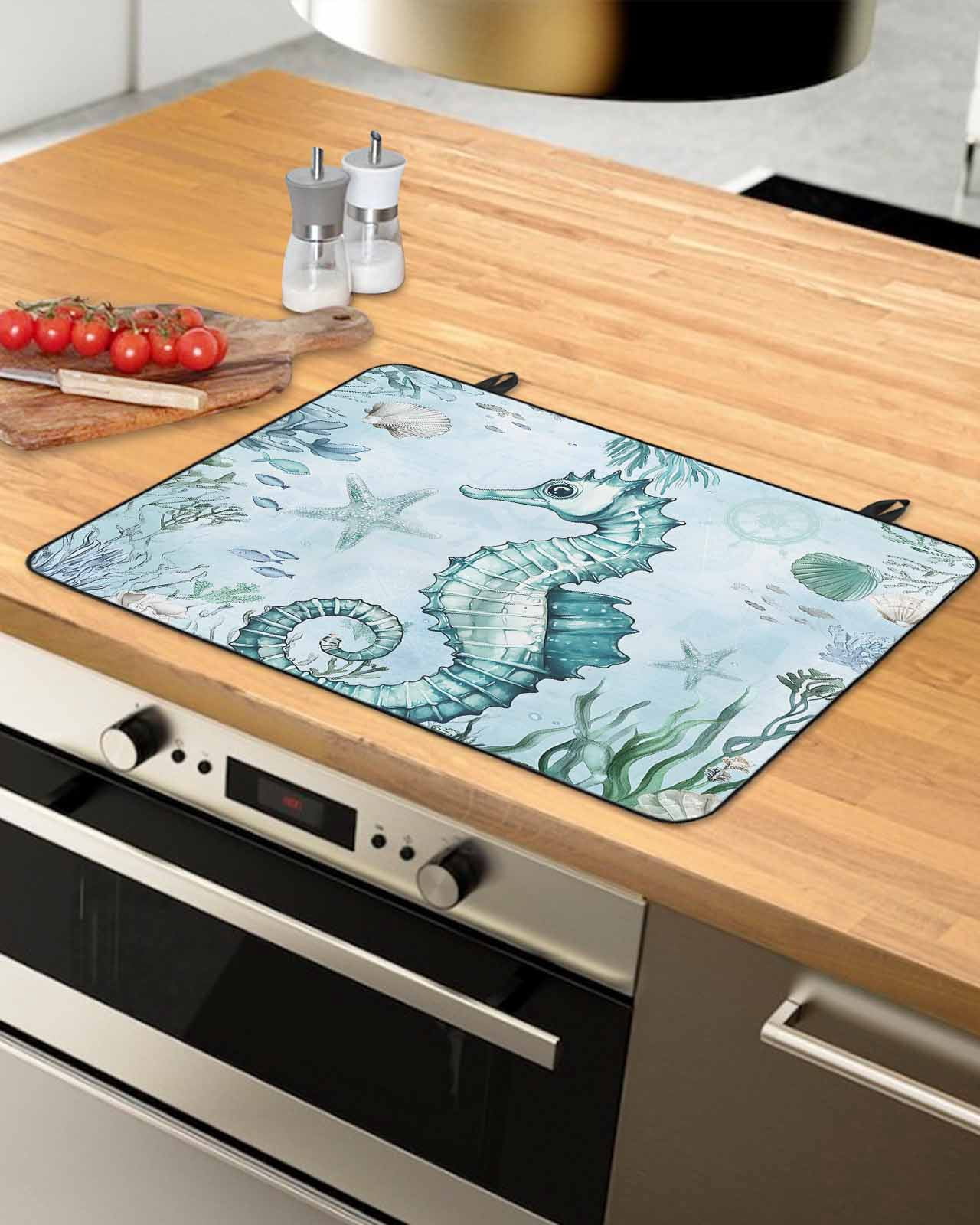 nqOlkjepod Large Induction Cooktop Protector Mat 24"x21", Coastal Seahorse Stove Top Covers for Electric Stove, Ocean Nautical Starfish Seashells Coral Stove Burner Cover Mats, Glass Top Stove Cover