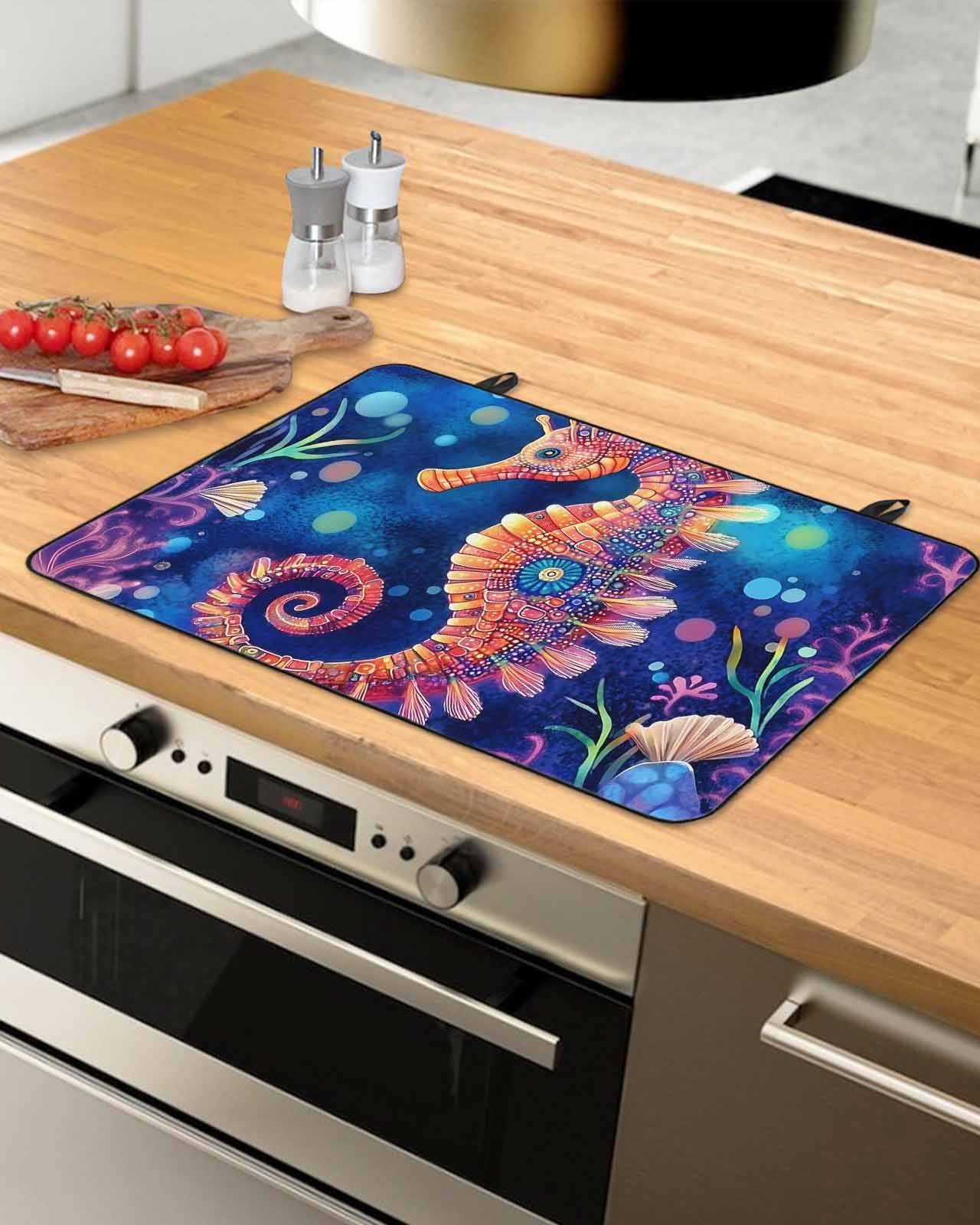 nqOlkjepod Large Induction Cooktop Protector Mat 24"x21", Coastal Seahorse Stove Top Covers for Electric Stove, Summer Watercolor Ocean Coral Stove Burner Cover Mats, Glass Top Stove Cover