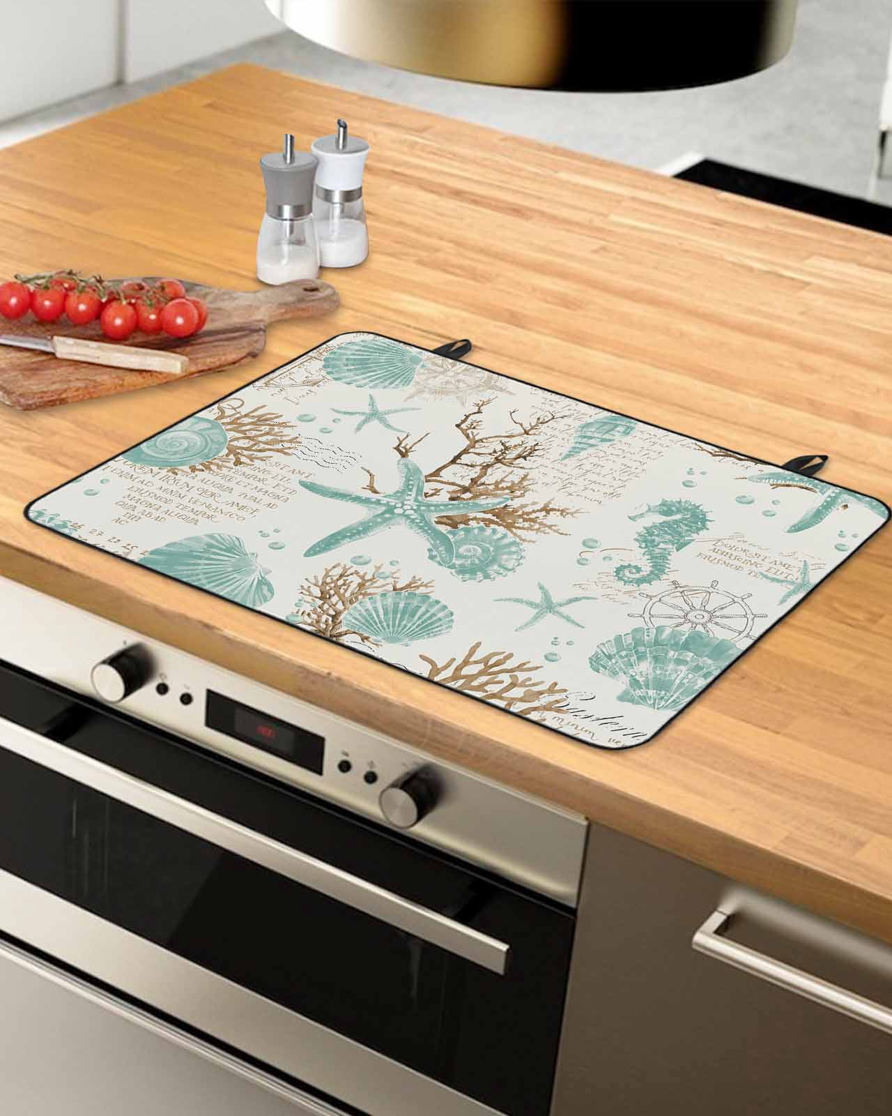 nqOlkjepod Large Induction Cooktop Protector Mat 24"x21", Coastal Starfish Stove Top Covers for Electric Stove, Farmhouse Nautical Seahorse Conch Stove Burner Cover Mats, Glass Top Stove Cover
