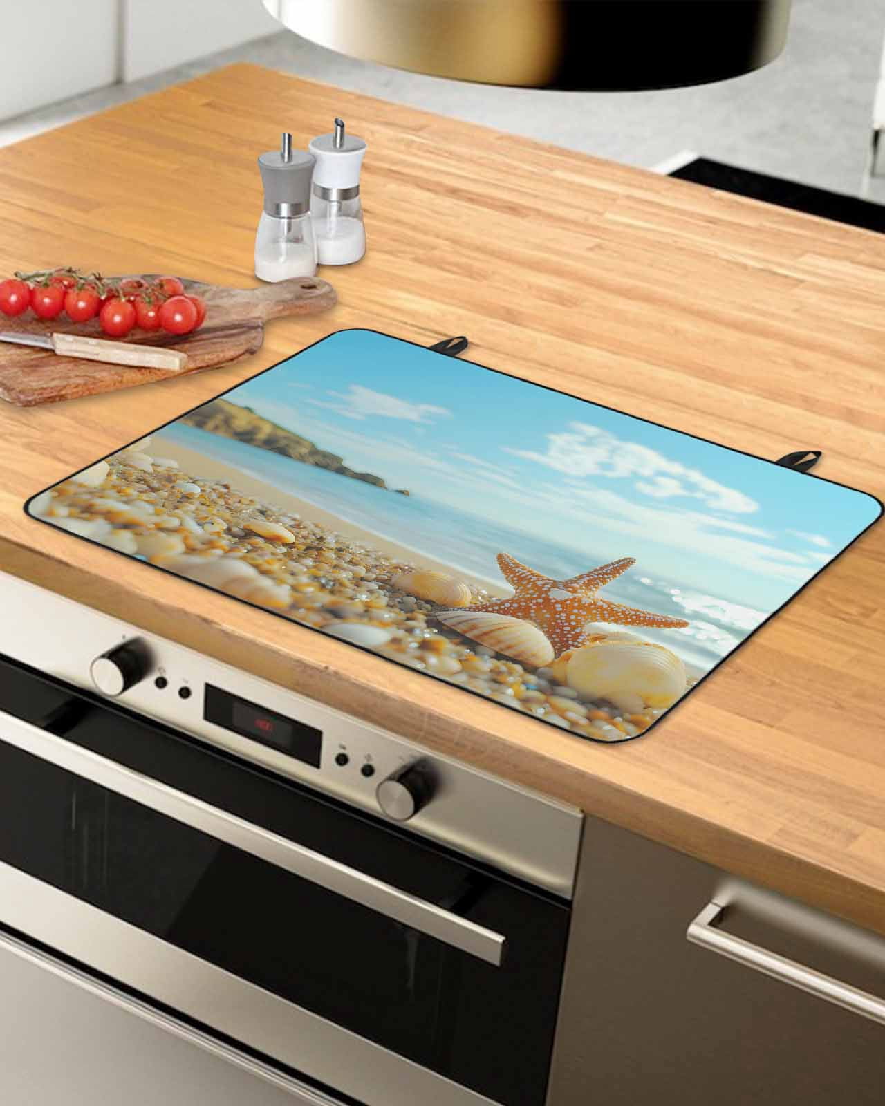nqOlkjepod Large Induction Cooktop Protector Mat 24"x21", Coastal Starfish Stove Top Covers for Electric Stove, Modern Ocean Beach Conch Seashells Stove Burner Cover Mats, Glass Top Stove Cover