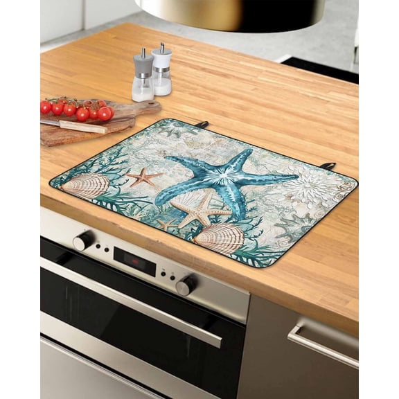 nqOlkjepod Large Induction Cooktop Protector Mat 24"x21", Coastal Starfish Stove Top Covers for Electric Stove, Ocean Coral Starfish Nautical Map Stove Burner Cover Mats, Glass Top Stove Cover