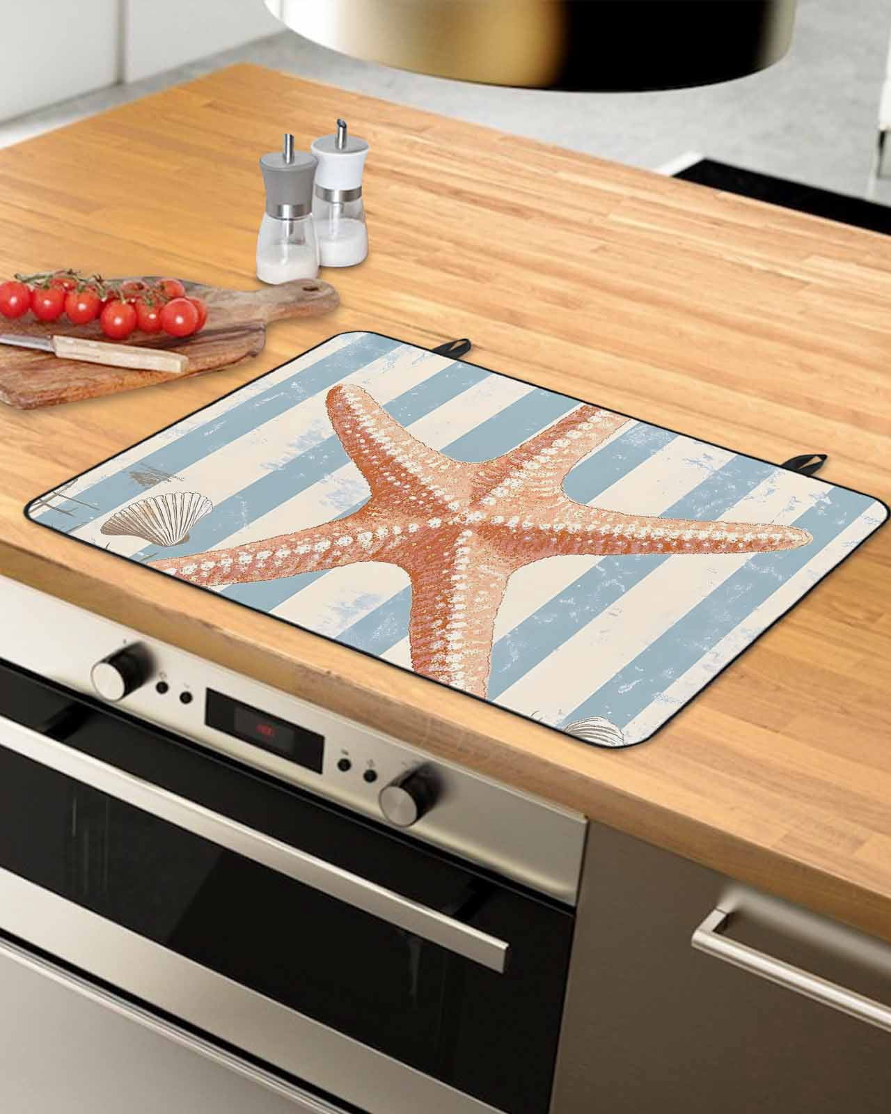 nqOlkjepod Large Induction Cooktop Protector Mat 24"x21", Coastal Starfish Stove Top Covers for Electric Stove, Summer Ocean Watercolor Stripe Stove Burner Cover Mats, Glass Top Stove Cover