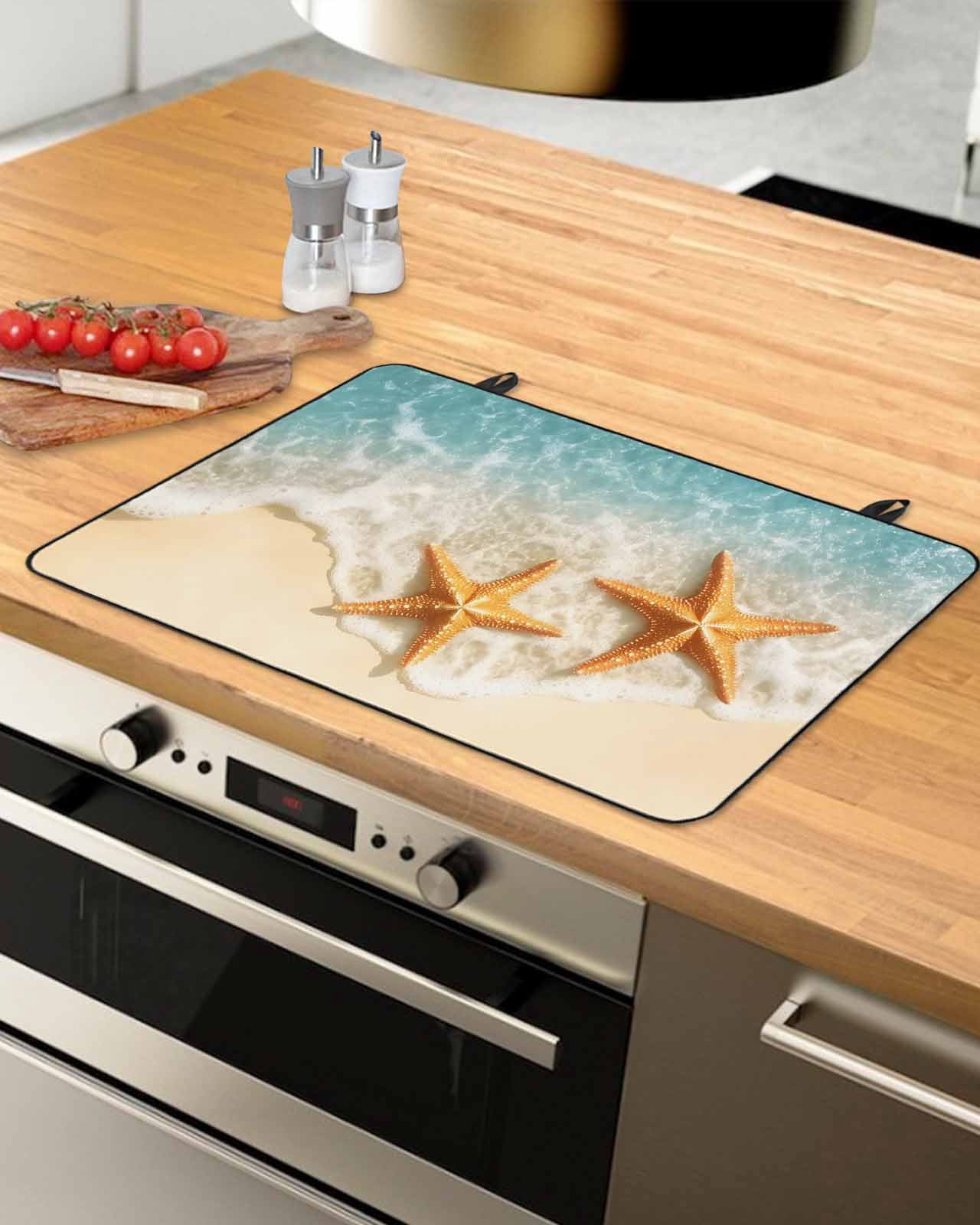 nqOlkjepod Large Induction Cooktop Protector Mat 24"x21", Coastal Summer Stove Top Covers for Electric Stove, Yellow Starfish Ocean Green Water Stove Burner Cover Mats, Glass Top Stove Cover