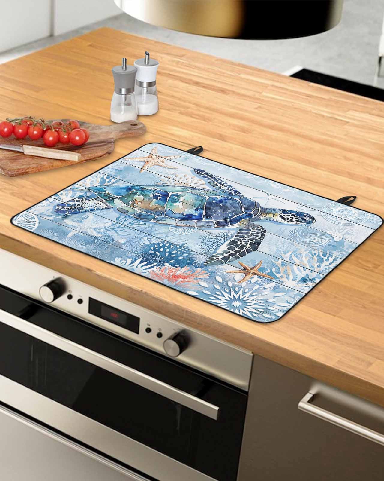 nqOlkjepod Large Induction Cooktop Protector Mat 24"x21", Coastal Turtle Stove Top Covers for Electric Stove, Blue Nautical Starfish Coral Jellyfish Stove Burner Cover Mats, Glass Top Stove Cover