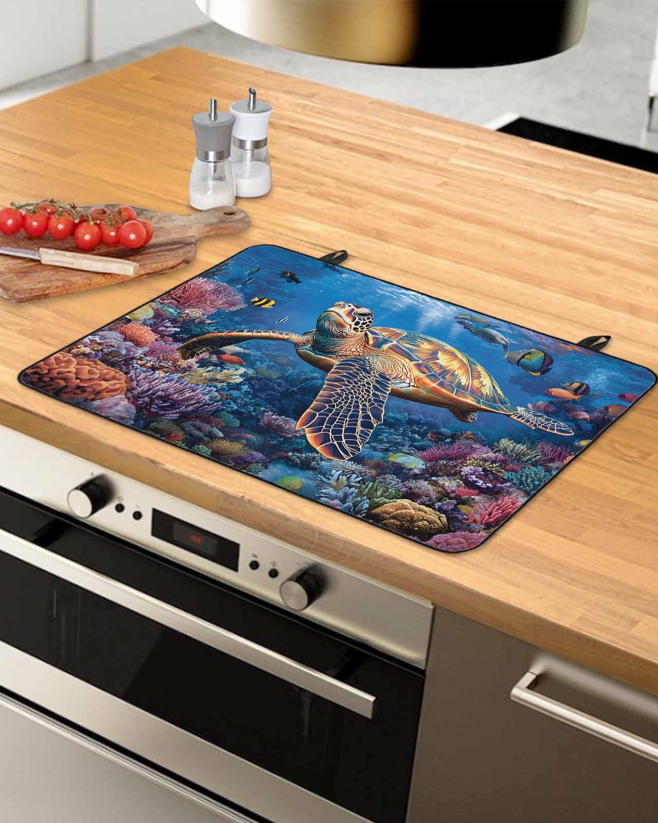 nqOlkjepod Large Induction Cooktop Protector Mat 24"x21", Coastal Turtle Stove Top Covers for Electric Stove, Turquoise Coral Tropical Ocean Animal Fish Stove Burner Cover Mats Stove Cover