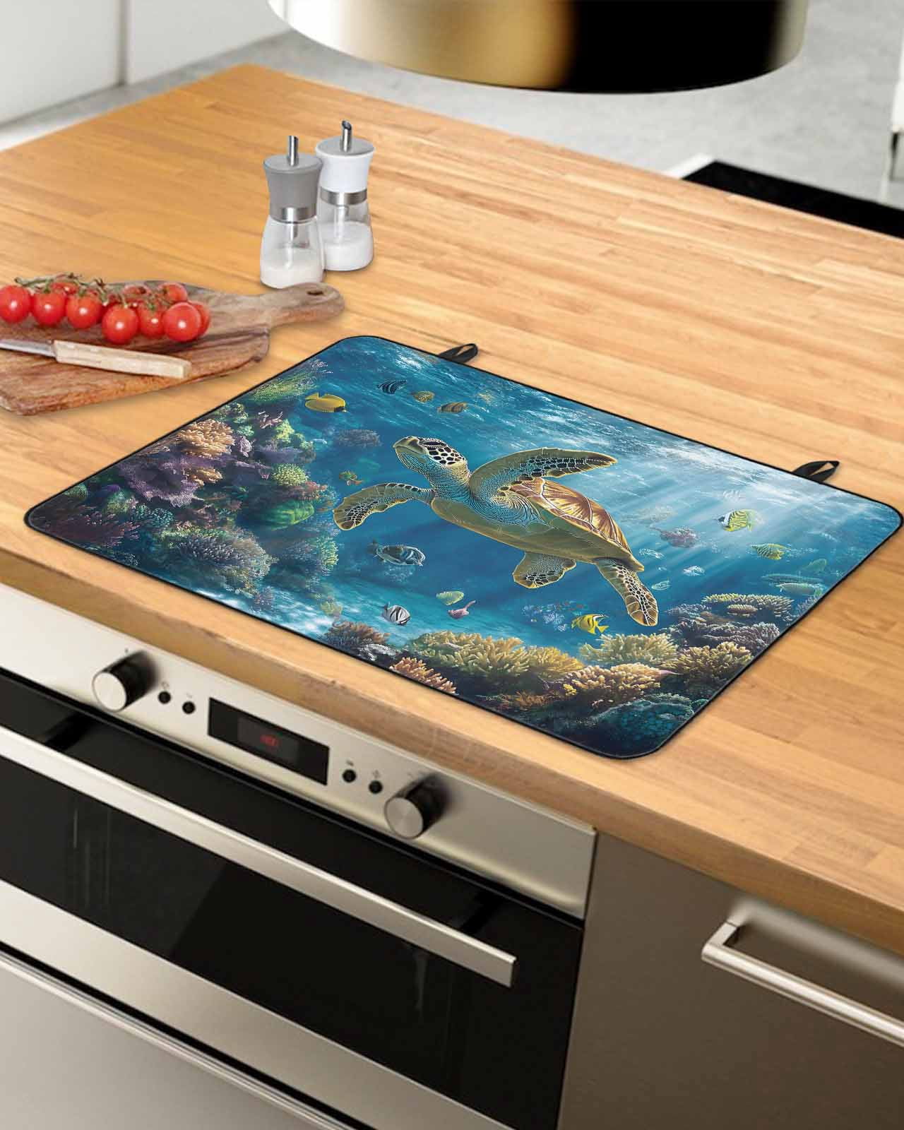 nqOlkjepod Large Induction Cooktop Protector Mat 24"x21", Coastal Turtle Stove Top Covers for Electric Stove, Turquoise Tropical Ocean Animal Coral Stove Burner Cover Mats, Glass Top Stove Cover