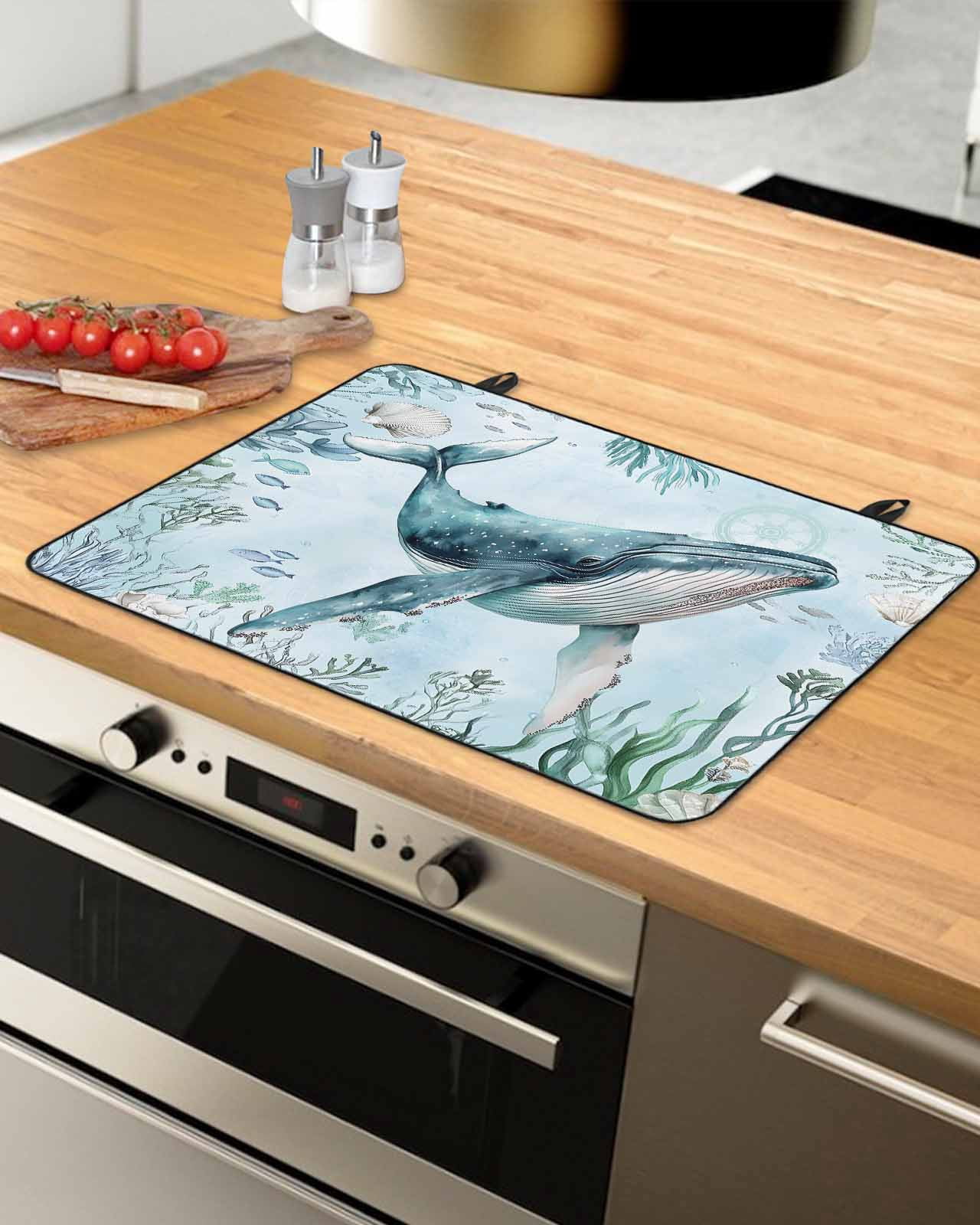 nqOlkjepod Large Induction Cooktop Protector Mat 24"x21", Coastal Whale Stove Top Covers for Electric Stove, Nautical Ocean Shells Seaweed Coral Stove Burner Cover Mats, Glass Top Stove Cover