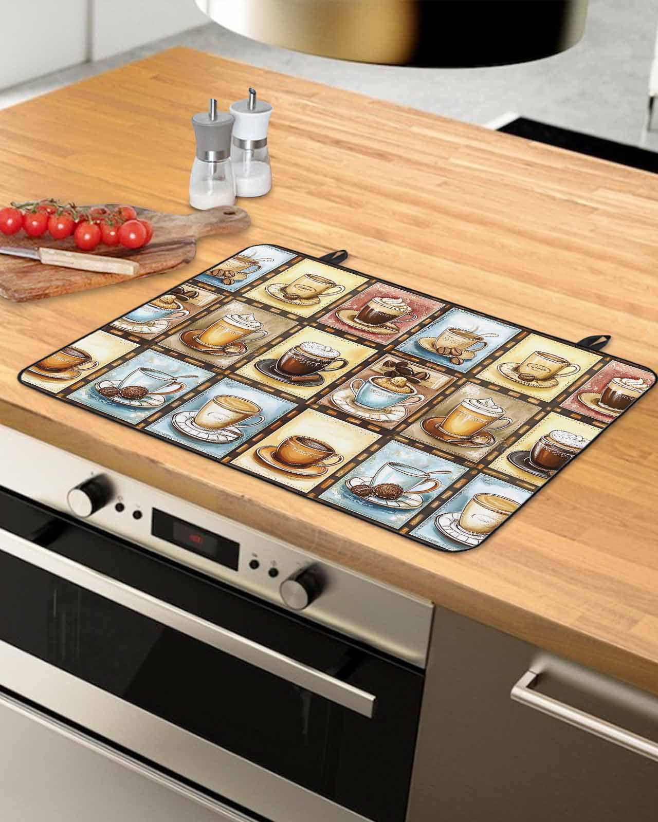 nqOlkjepod Large Induction Cooktop Protector Mat 24"x21", Coffee Stove Top Covers for Electric Stove, Vintage Farmhouse Funny Cartoon Cup Plaid Stove Burner Cover Mats, Glass Top Stove Cover