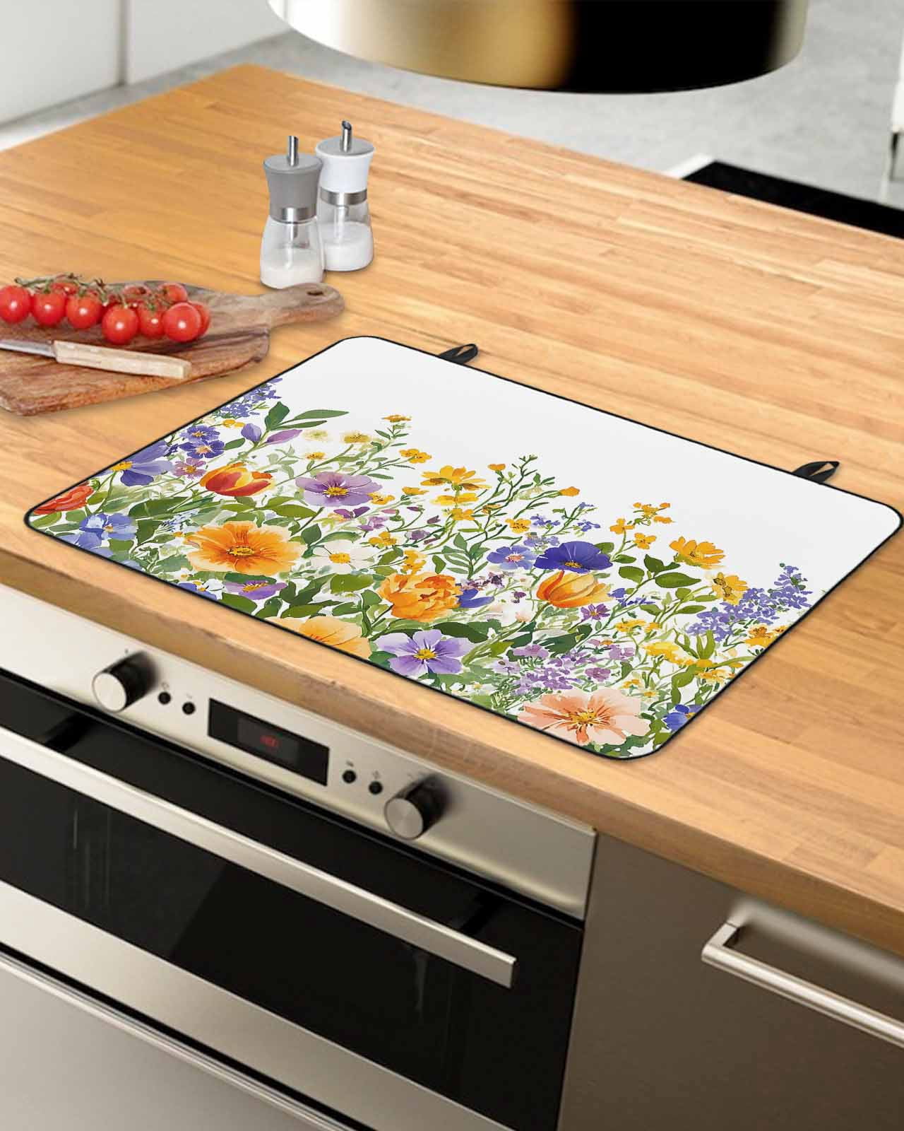 nqOlkjepod Large Induction Cooktop Protector Mat 24"x21", Colorful Floral Stove Top Covers for Electric Stove, Botanical Blossom Flowers Herbs Motif Stove Burner Cover Mats, Glass Top Stove Cover