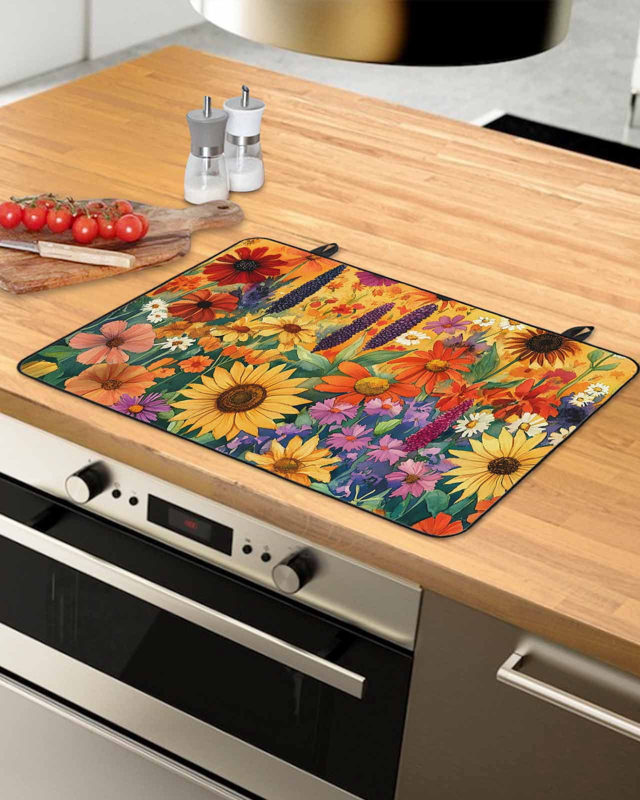 nqOlkjepod Large Induction Cooktop Protector Mat 24"x21", Colorful Flowers Stove Top Covers for Electric Stove, Farmhouse Sunflower Daisy Decorative Stove Burner Cover Mats, Glass Top Stove Cover