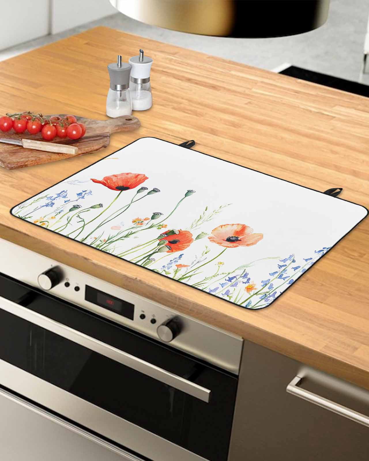 nqOlkjepod Large Induction Cooktop Protector Mat 24"x21", Colorful Flowers Stove Top Covers for Electric Stove, Spring Botanical Wild Floral Plants Stove Burner Cover Mats, Glass Top Stove Cover