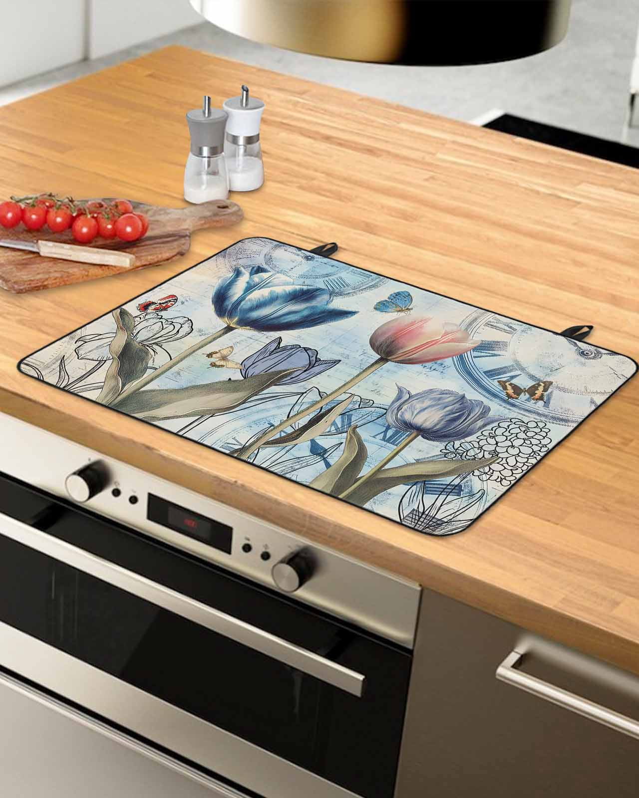 nqOlkjepod Large Induction Cooktop Protector Mat 24"x21", Colorful Tulips Stove Top Covers for Electric Stove, Spring Pastoral Flowers Retro Butterfly Stove Burner Cover Mats, Glass Top Stove Cover