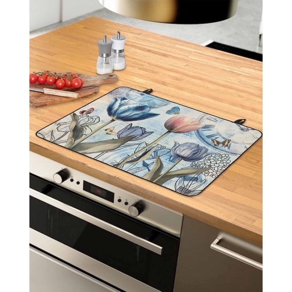nqOlkjepod Large Induction Cooktop Protector Mat 24"x21", Colorful Tulips Stove Top Covers for Electric Stove, Spring Pastoral Flowers Retro Butterfly Stove Burner Cover Mats, Glass Top Stove Cover