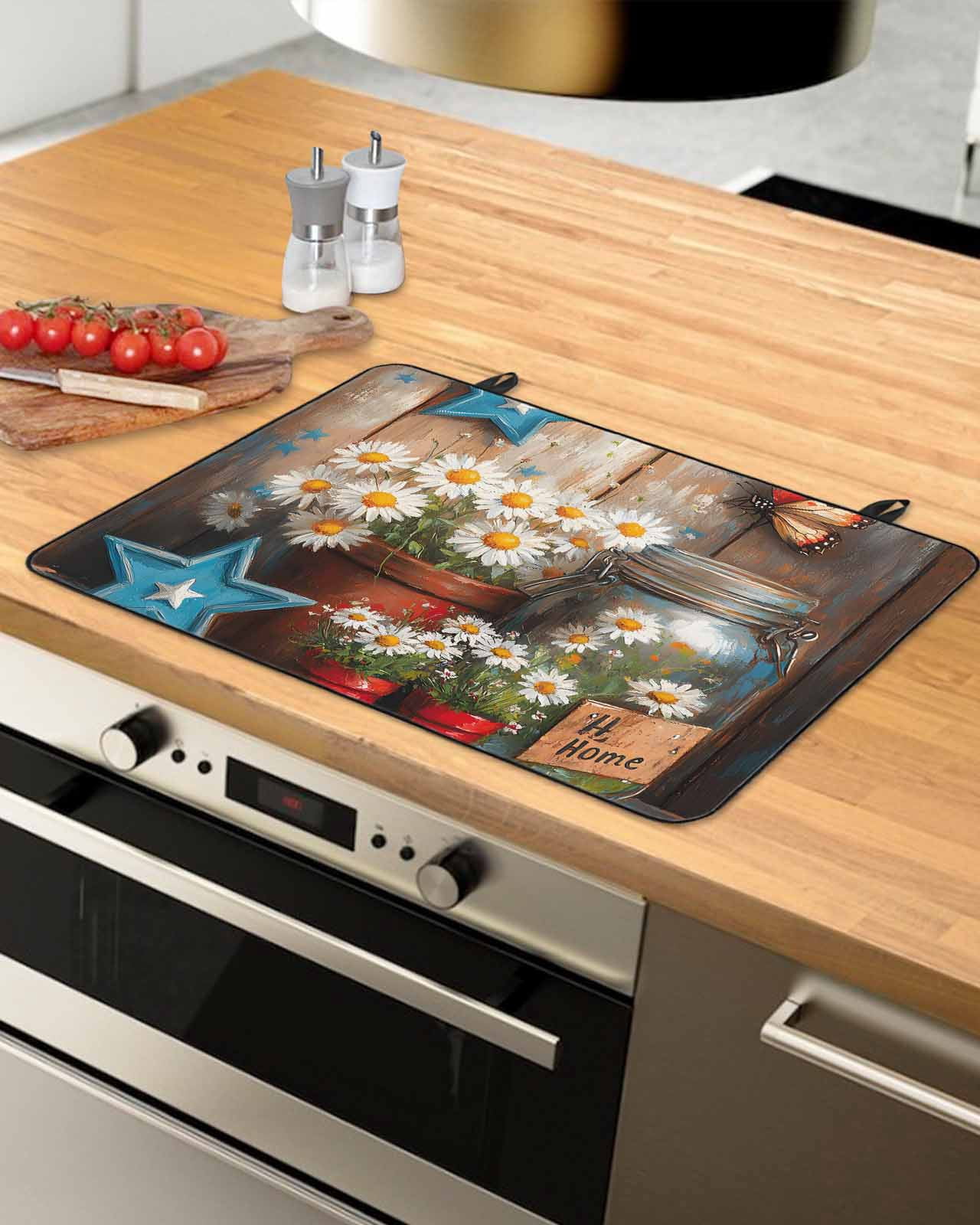 nqOlkjepod Large Induction Cooktop Protector Mat 24"x21", Country Flower Stove Top Covers for Electric Stove, Western Texas Star Butterfly Barn Door Stove Burner Cover Mats, Glass Top Stove Cover