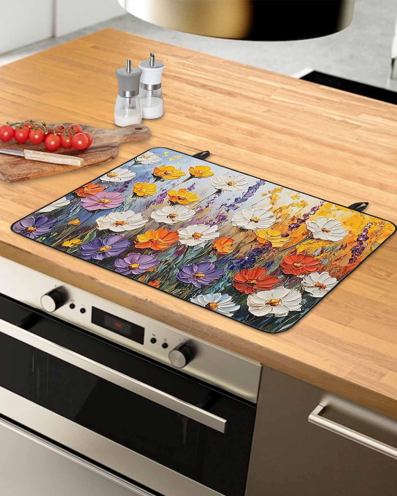 nqOlkjepod Large Induction Cooktop Protector Mat 24"x21", Country Flowers Stove Top Covers for Electric Stove, Pastoral Farmhouse Botanical Floral Stove Burner Cover Mats, Glass Top Stove Cover