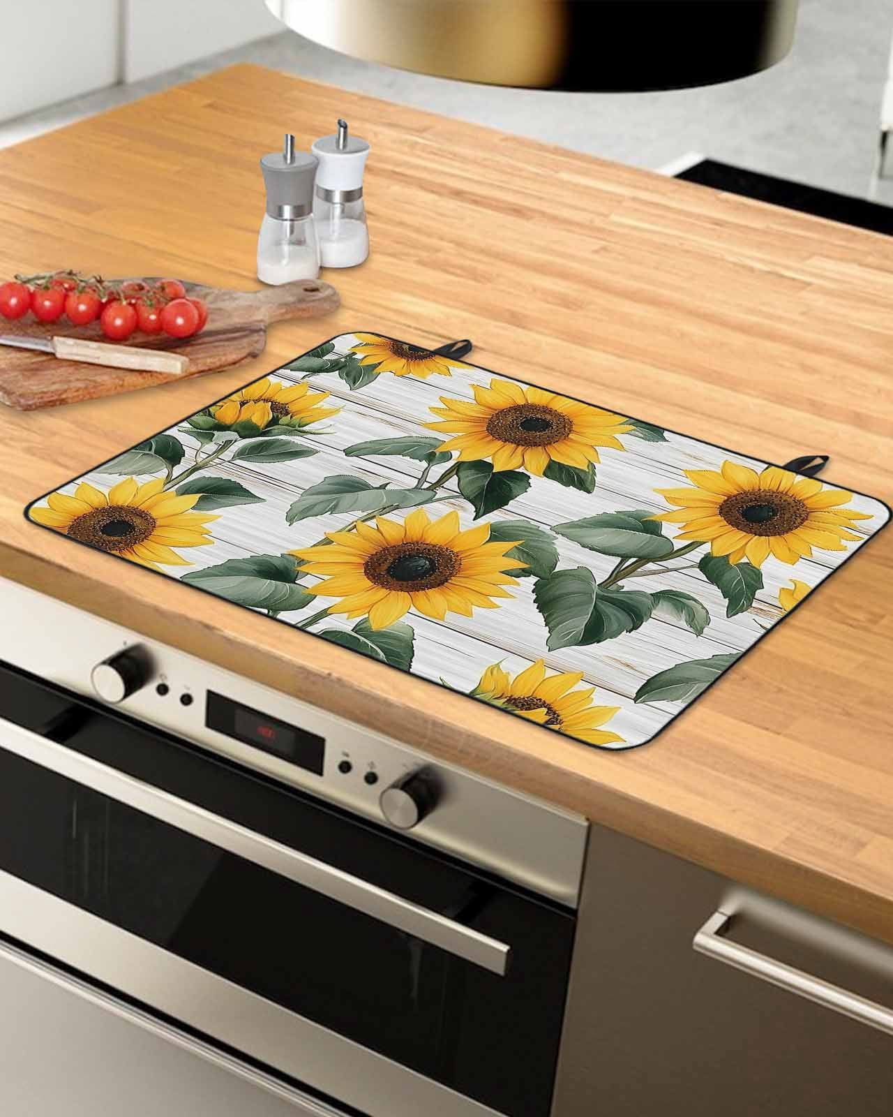 nqOlkjepod Large Induction Cooktop Protector Mat 24"x21", Country Sunflowers Stove Top Covers for Electric Stove, Retro Pastoral Floral Wooden Plank Stove Burner Cover Mats, Glass Top Stove Cover