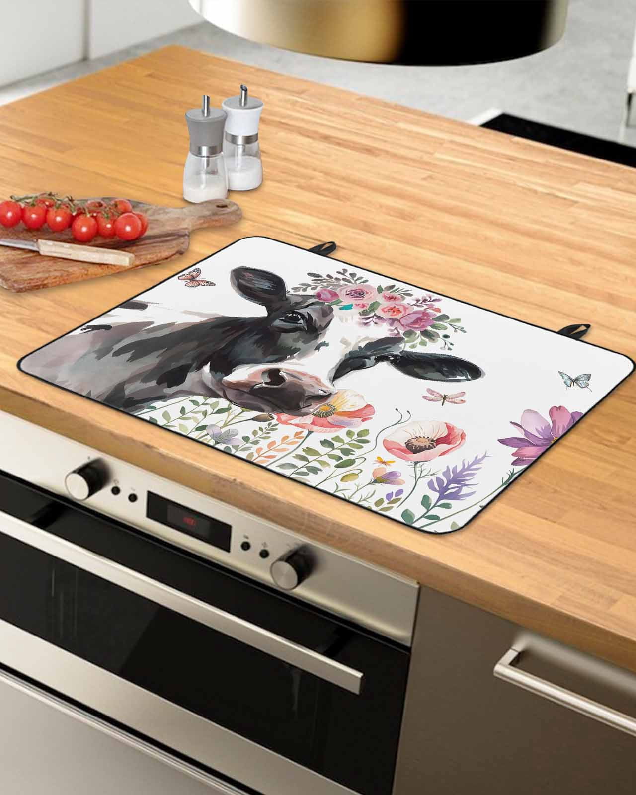 nqOlkjepod Large Induction Cooktop Protector Mat 24"x21", Cow Flower Stove Top Covers for Electric Stove, Farmhouse Cattle Botanical Butterfly Floral Stove Burner Cover Mats, Glass Top Stove Cover