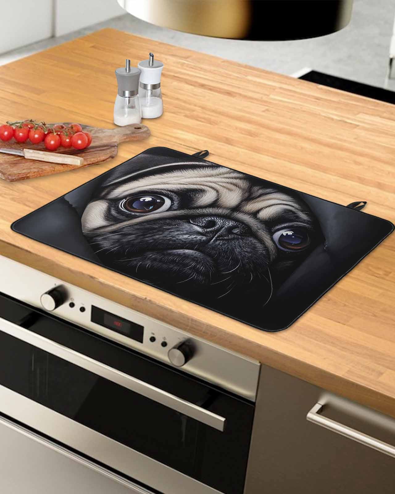 nqOlkjepod Large Induction Cooktop Protector Mat 24"x21", Cute Dog Stove Top Covers for Electric Stove, Black Pet Retro Picture Decorative Stove Burner Cover Mats, Glass Top Stove Cover