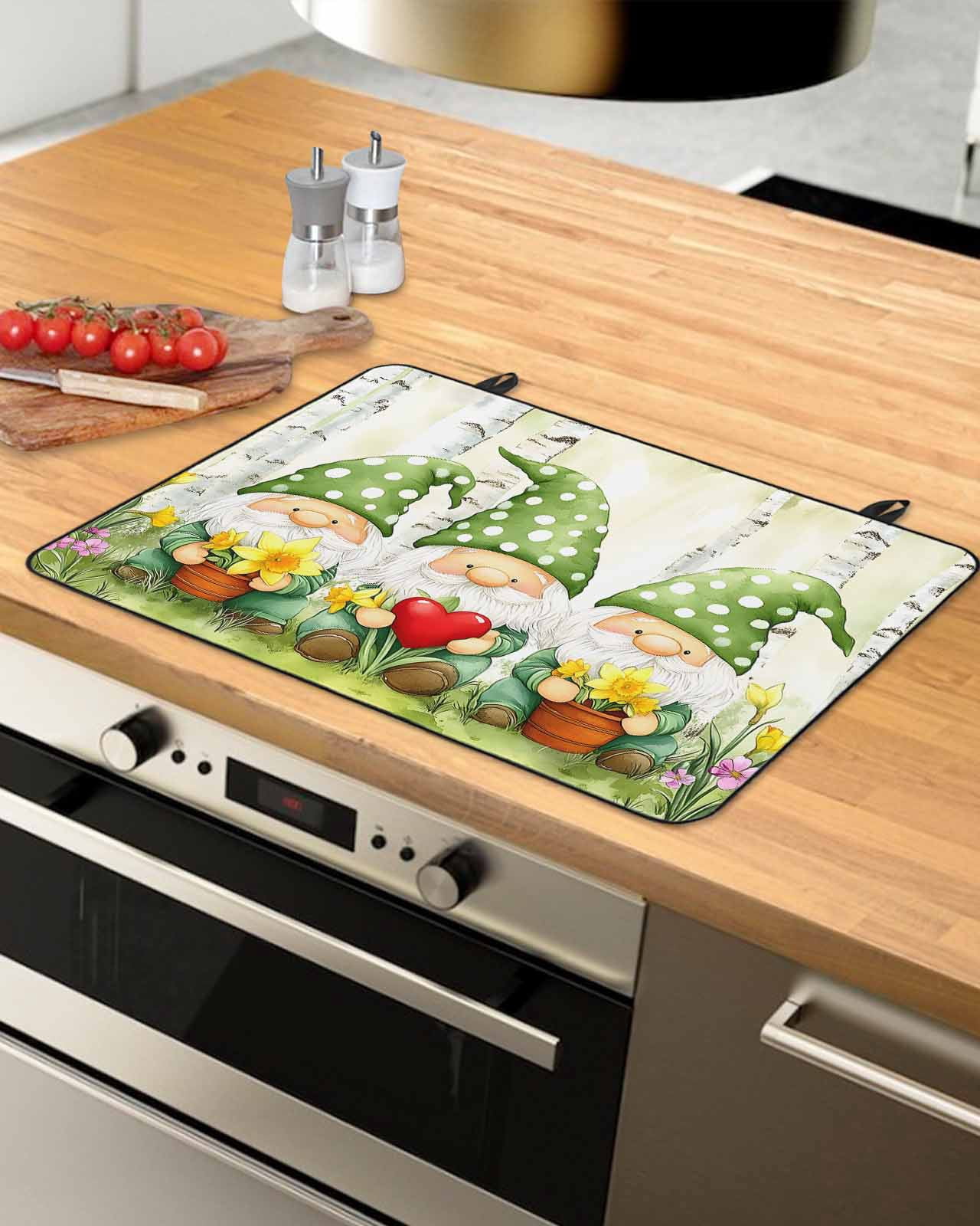 nqOlkjepod Large Induction Cooktop Protector Mat 24"x21", Cute Green Gnomes Stove Top Covers for Electric Stove, Flowers Forest Heart Vintage Stove Burner Cover Mats, Glass Top Stove Cover