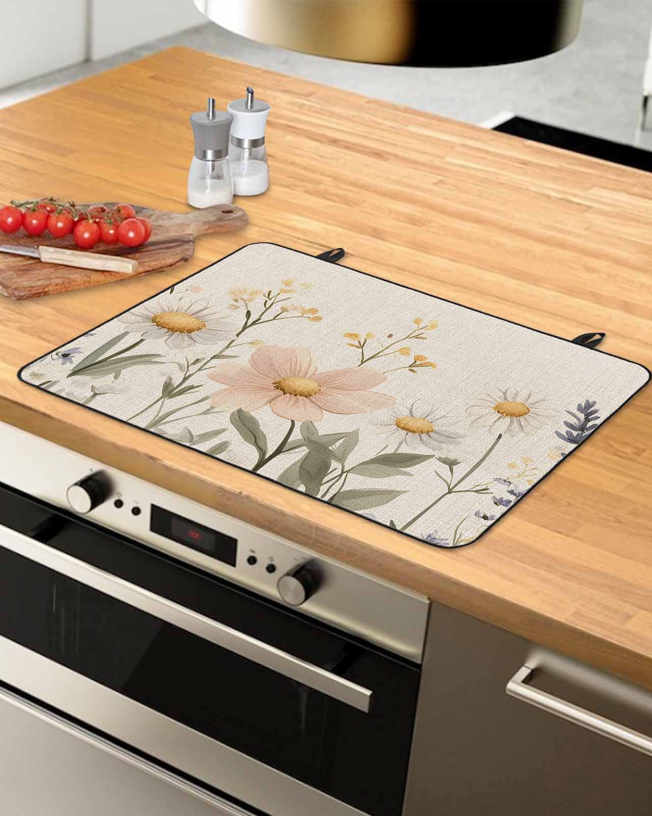 nqOlkjepod Large Induction Cooktop Protector Mat 24"x21", Daisy Botanical Stove Top Covers for Electric Stove, Vintage Farmhouse Floral Decorative Stove Burner Cover Mats, Glass Top Stove Cover