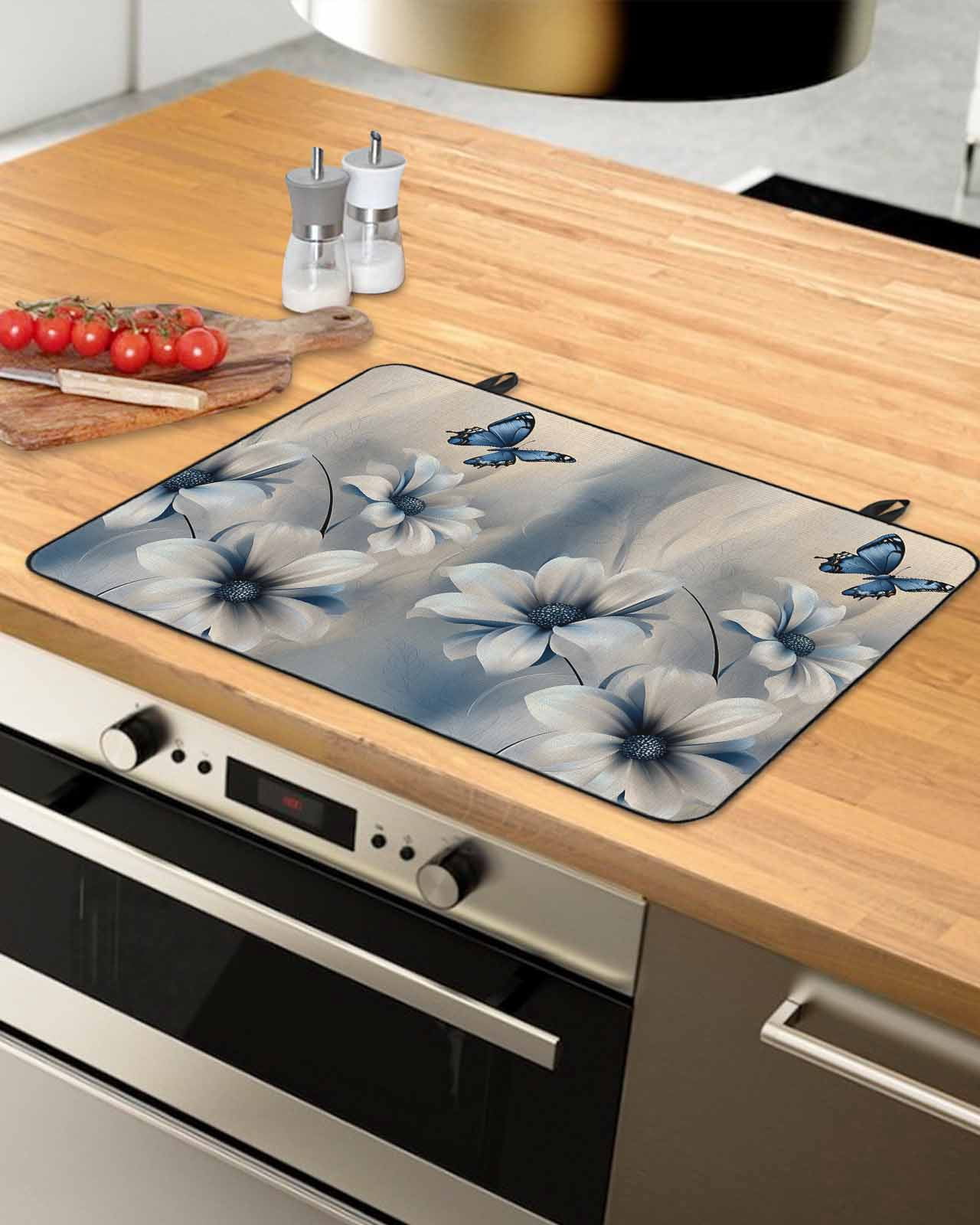 nqOlkjepod Large Induction Cooktop Protector Mat 24"x21", Elegant Floral Stove Top Covers for Electric Stove, Modern Blue Butterfly Flowers Burlap Stove Burner Cover Mats, Glass Top Stove Cover